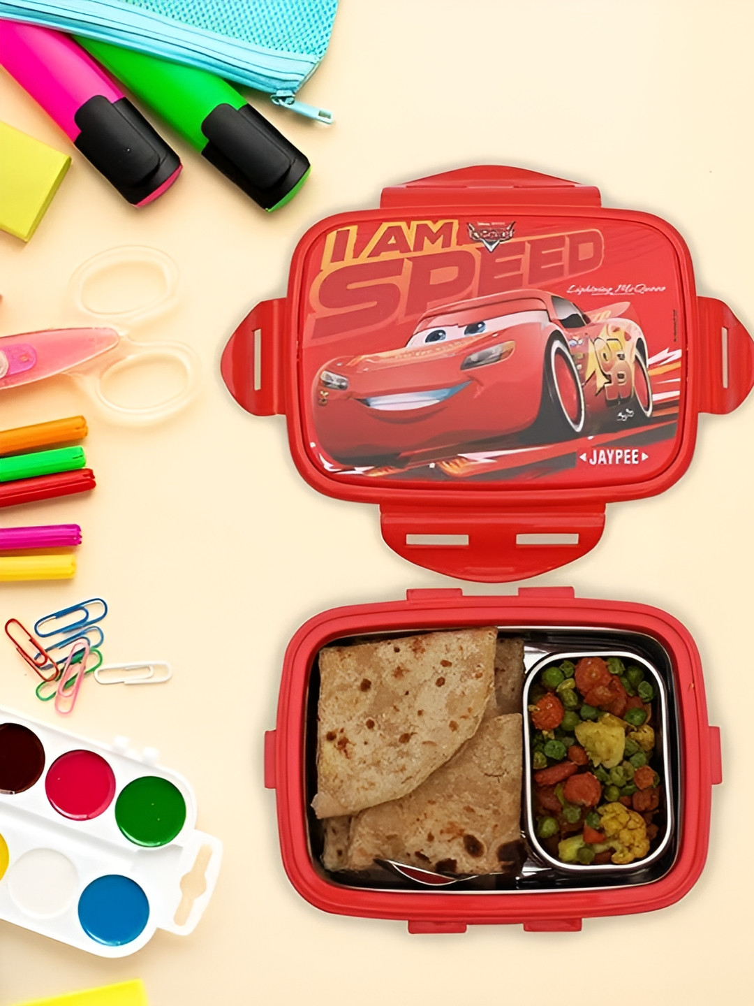 JAYPEE Steeltek Junior Disney Car Plastic Easy to Clean Lunch Box With Spoon and Fork