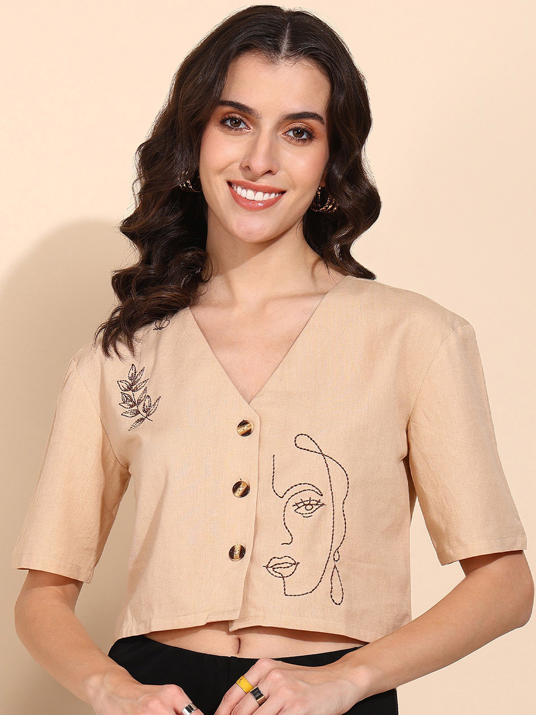 Asami Self Design Embroidered Cotton Crop Top