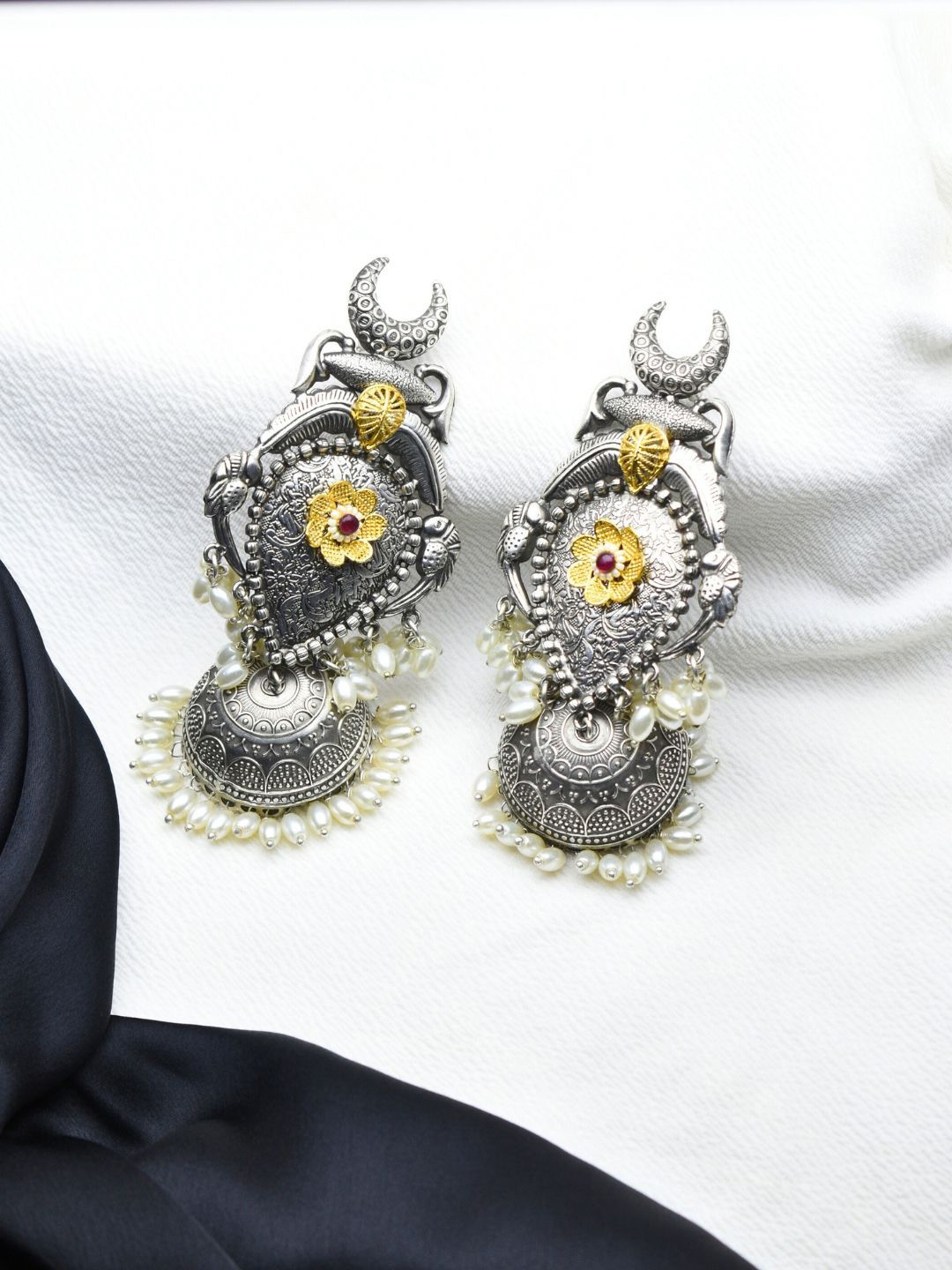J & C Fashion Arena Silver-Plated Stones Studded & Pearls Beaded Dome Shaped Jhumkas