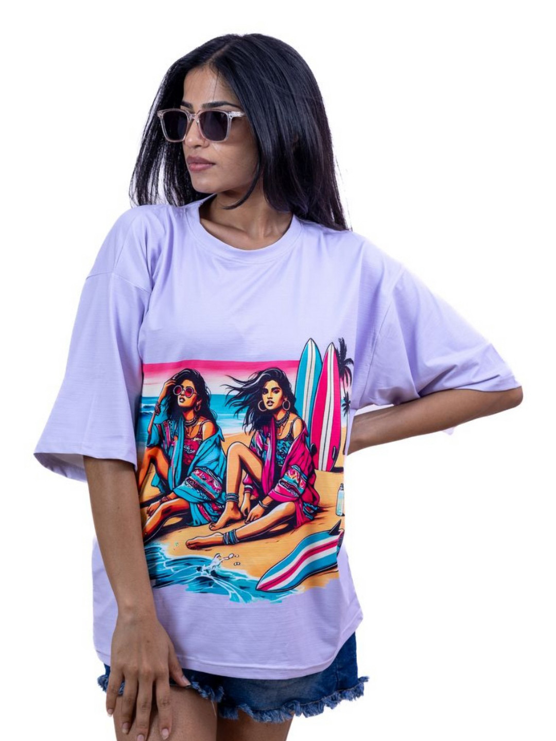 popstop Beach Day Women Printed Drop-Shoulder Sleeves Oversized T-shirt