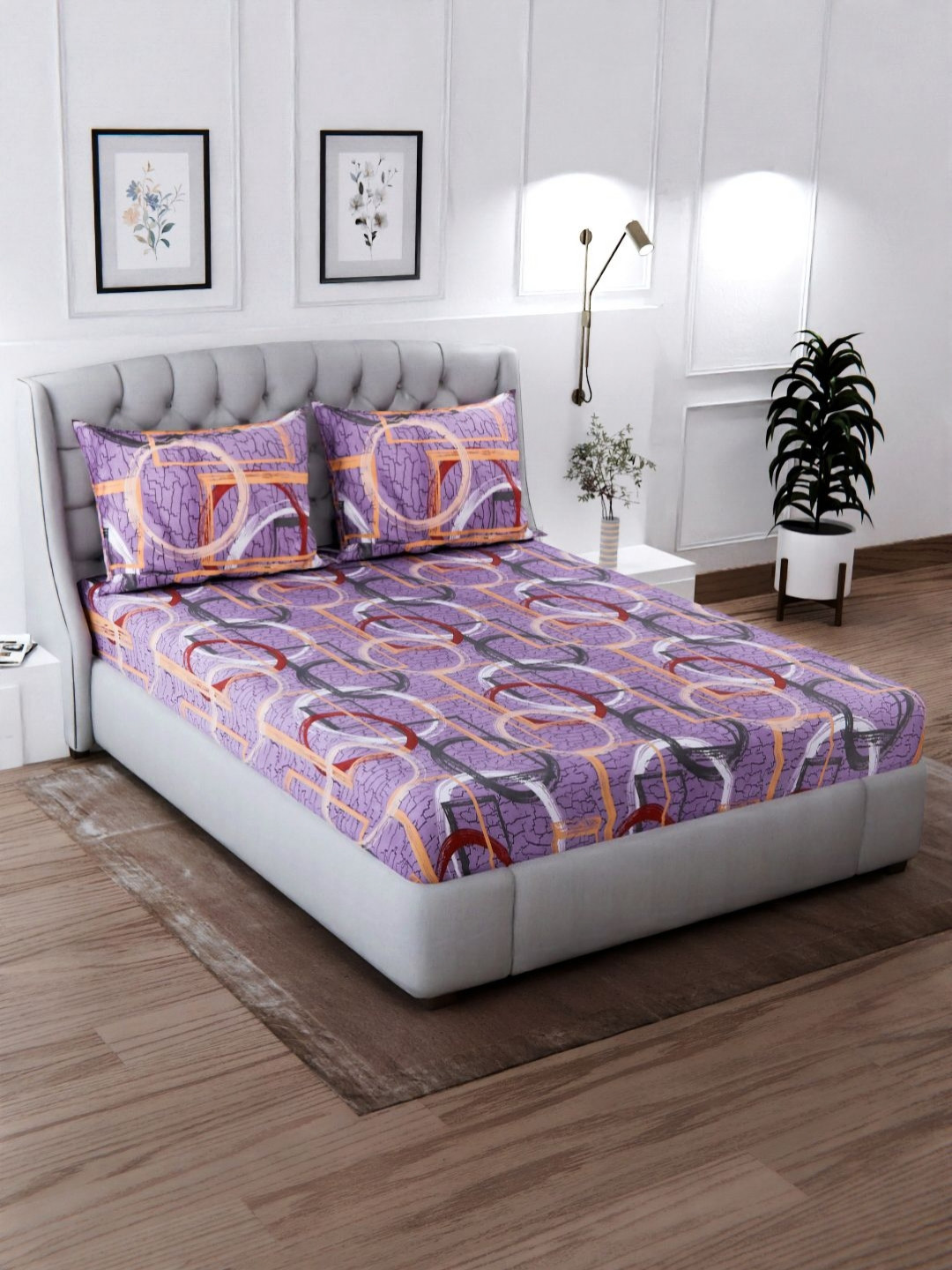 Signature Lilly Purple Abstract Microfiber 120 TC King Superfine Bedsheet with 2 Pillow Covers-89 x 96 inches