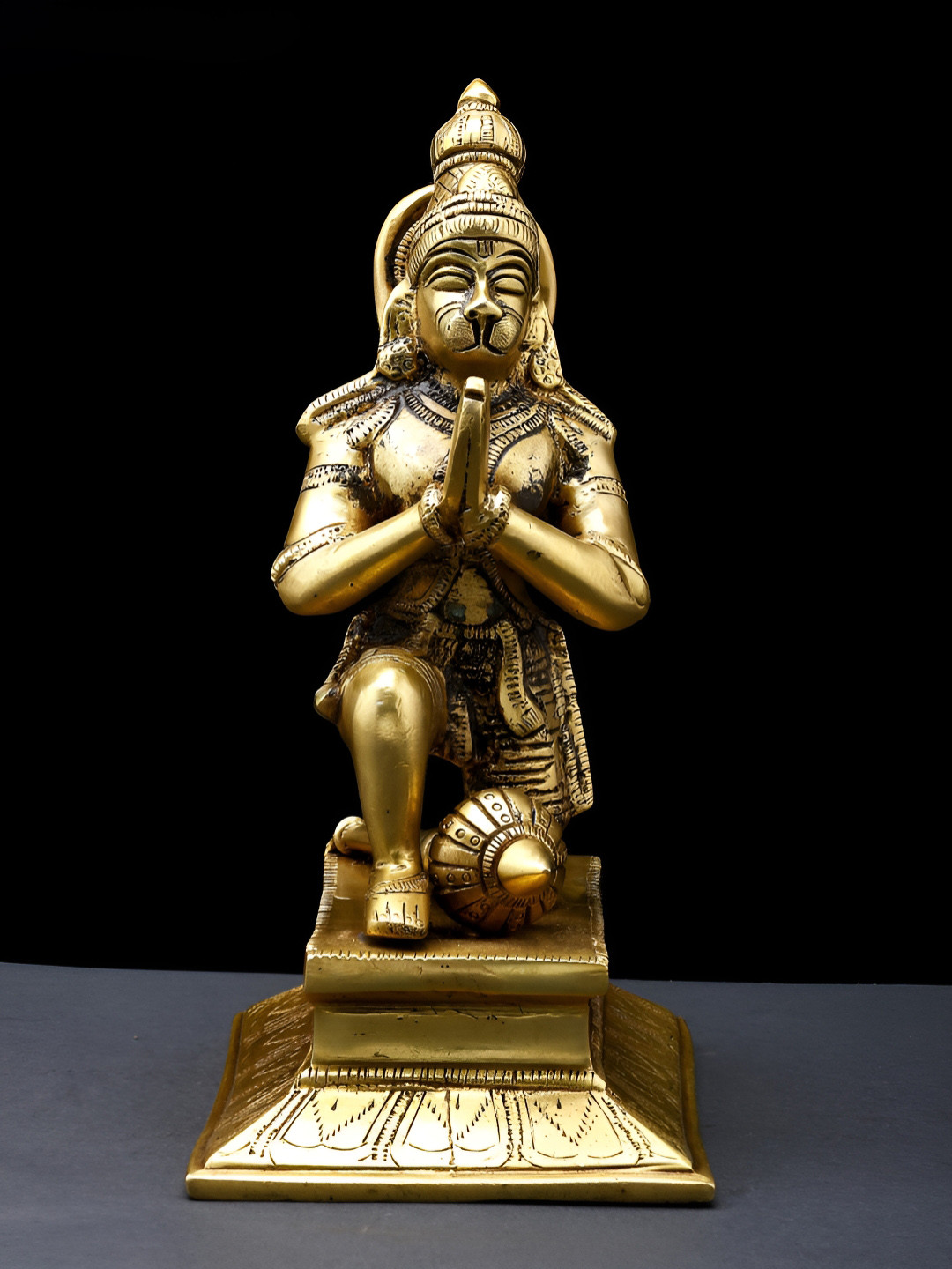 Exotic India Sitting Lord Hanuman in Namaskar Mudra Gold Brass Metallic Prayer Room Medium Showpiece - 9 Inches