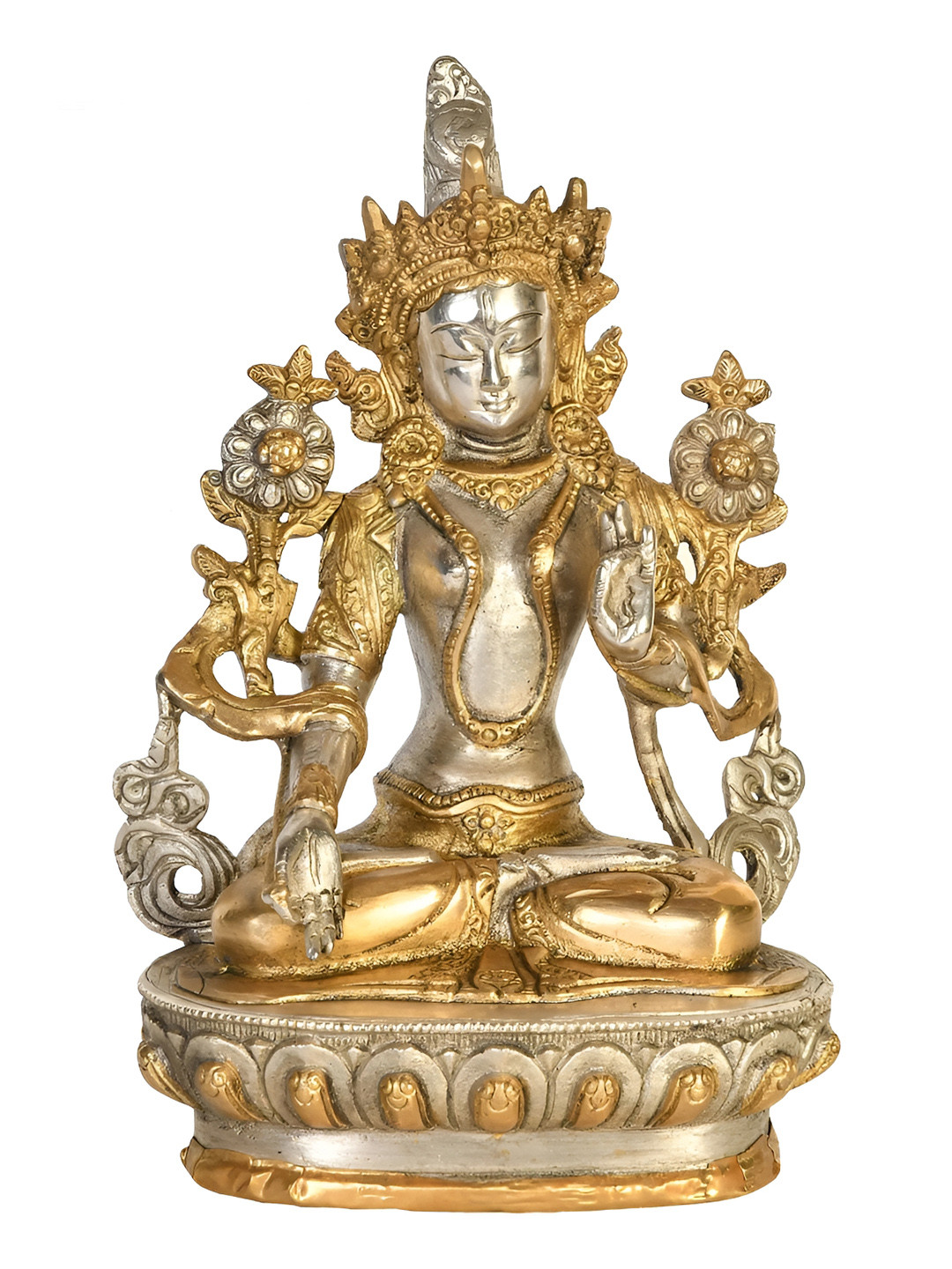 Exotic India Seven-Eyed Buddhist Goddess White Tara Gold Brass Metallic Living Room Hand Made Medium Showpiece - 8.7 Inches