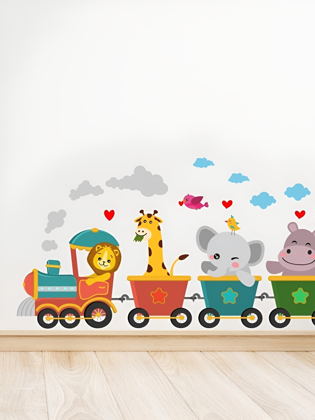prettykrafts Green & Red Animals On Train Waterproof Wall Sticker