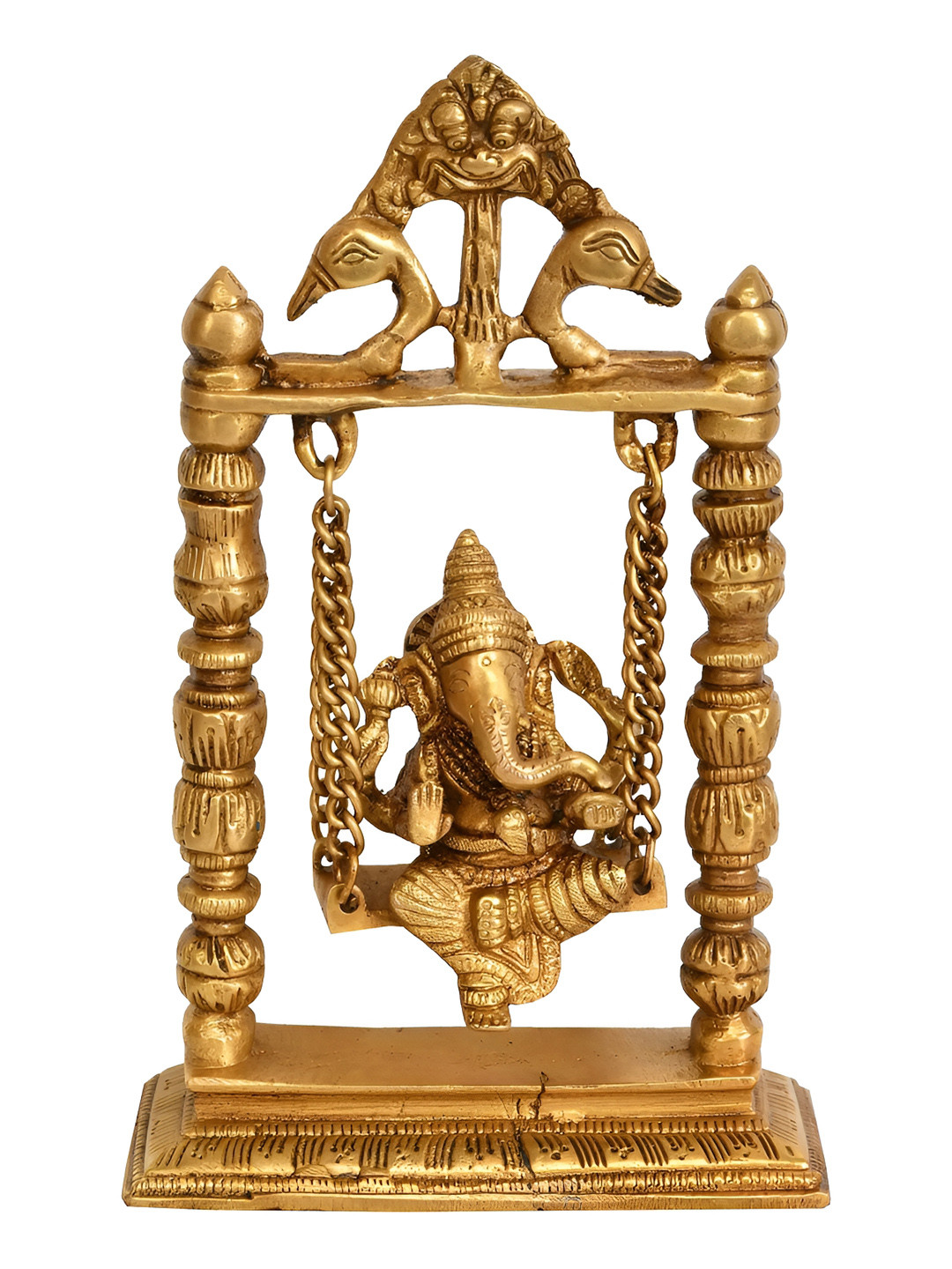 Exotic India Lord Ganesha On A Swing Gold Brass Metallic Prayer Room Hand Made Medium Showpiece - 8.8 Inches