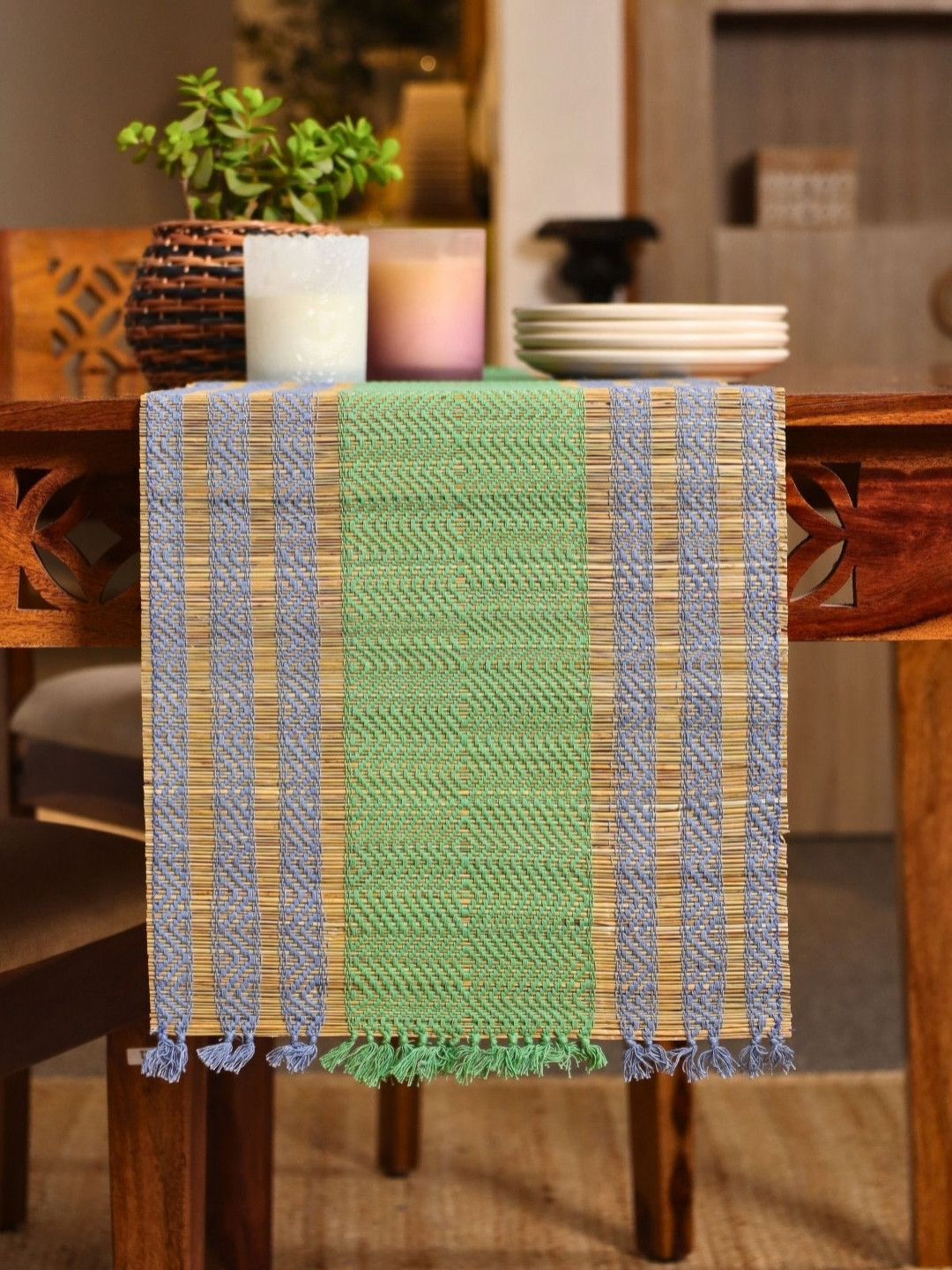 Peepul Tree Blue & Green Natural Grass Table Runner