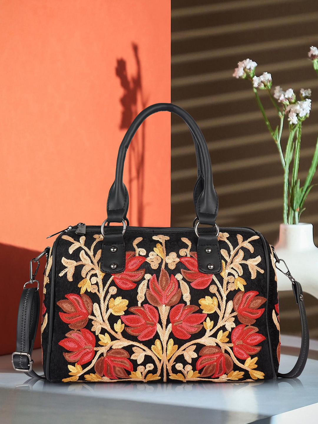 EVEDA Floral Embroidered Medium Structured Shoulder Bag