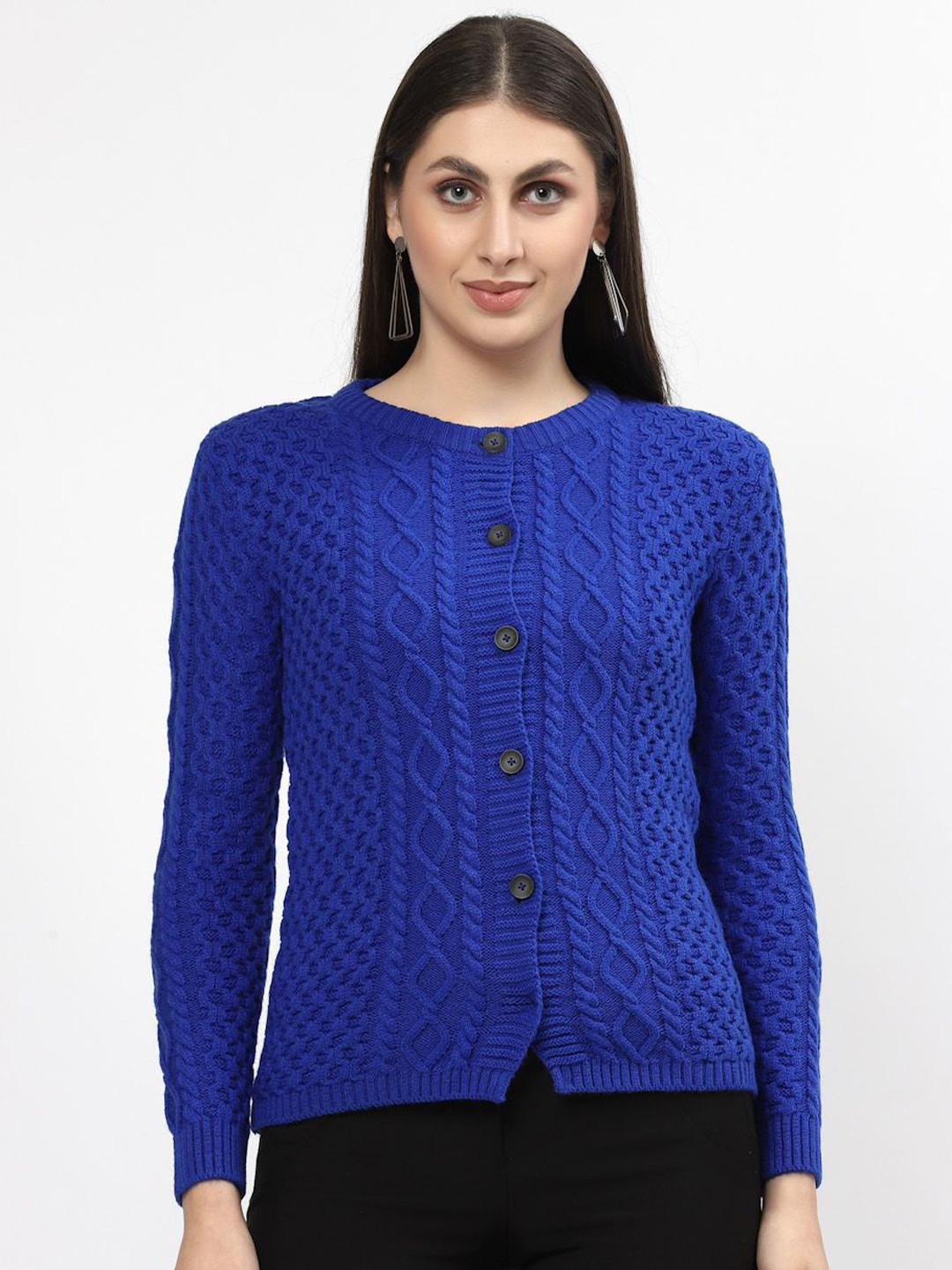Kalt Women  Round Neck Self Design Cable Knit Sweater Cardigan
