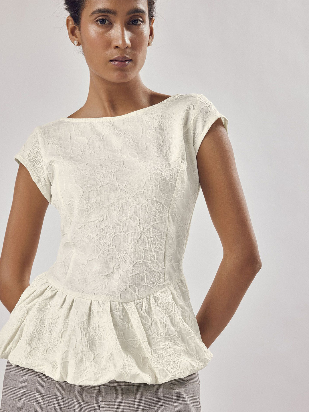 The Label Life Women Ivory Jacquard Bubble Hem Top