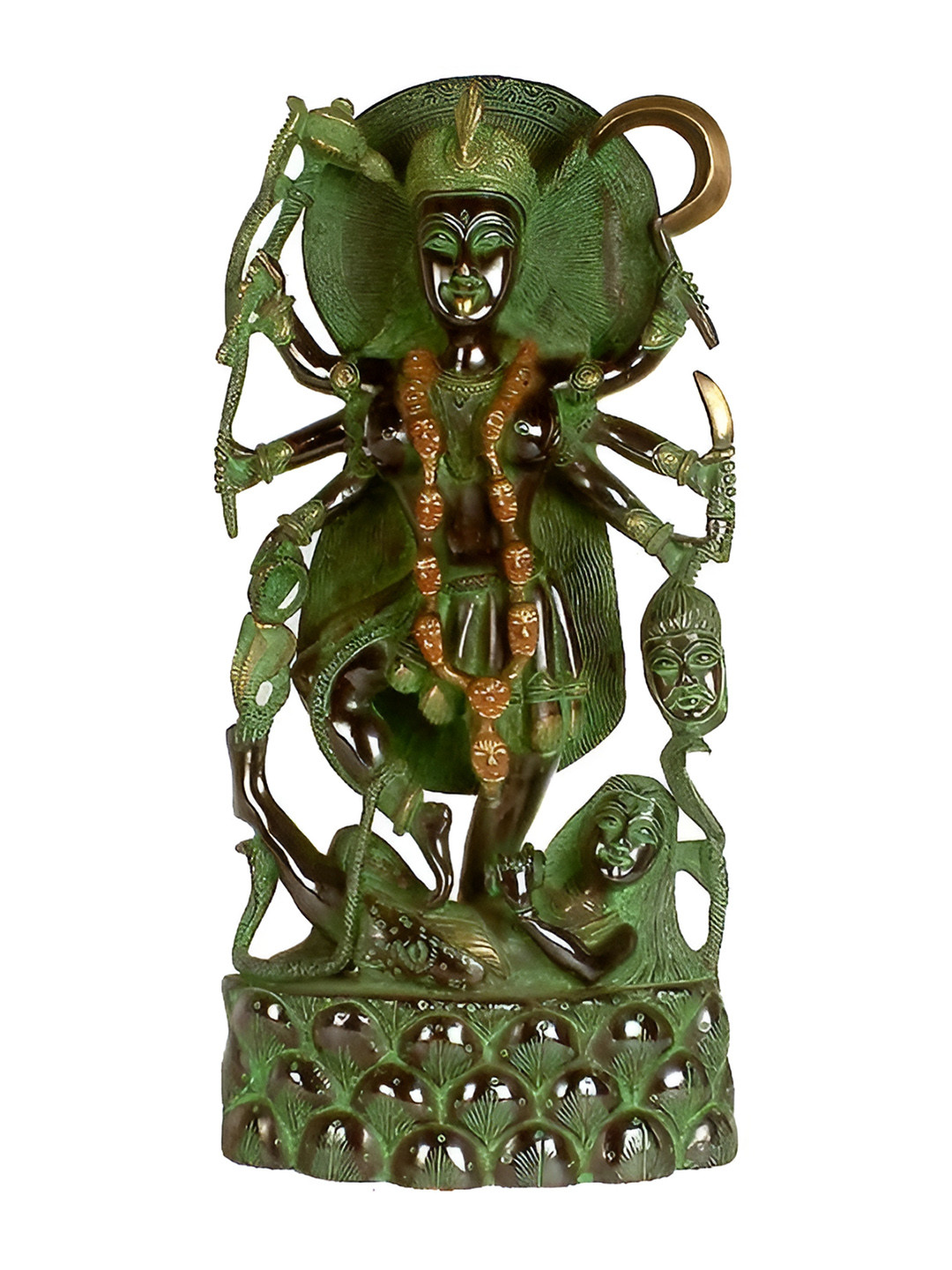 Exotic India Mother Kali Green Brass Metallic Prayer Room Hand Made Medium Showpiece - 14.5 Inches