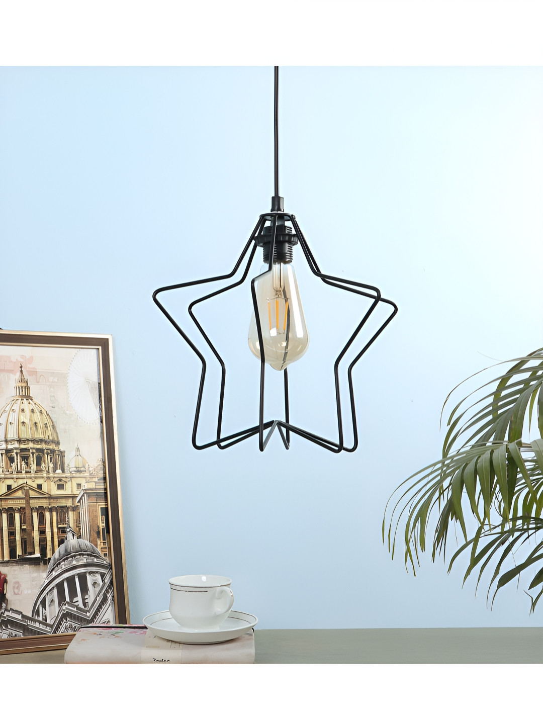 Two Moustaches Black Textured Star Shaped Metal Hanging Ceiling Lamp