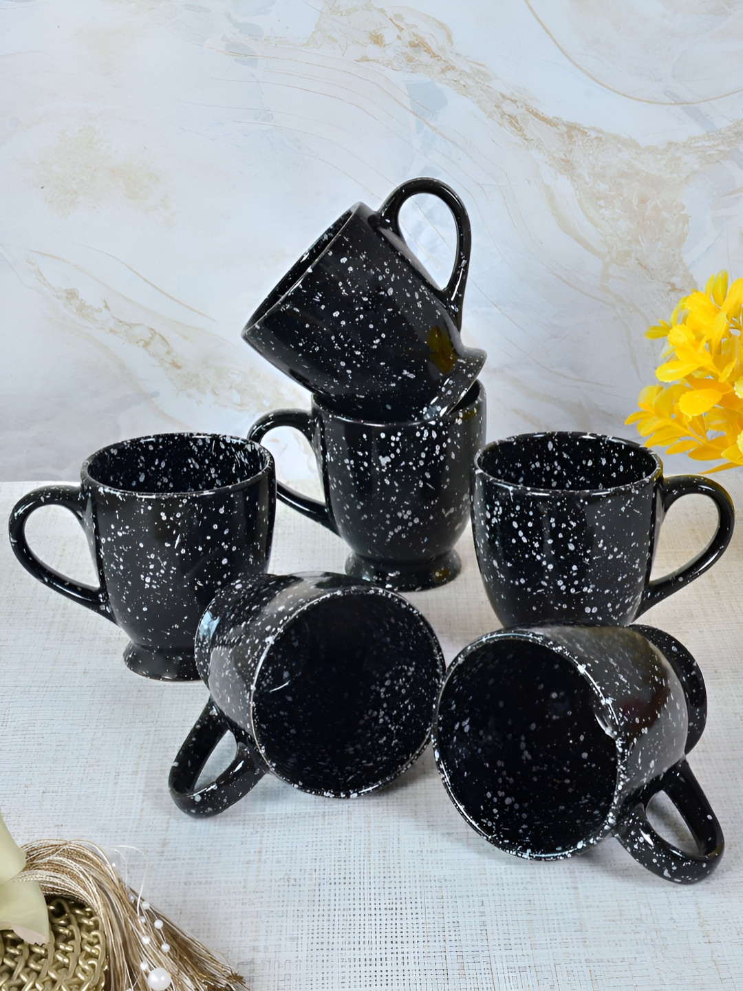 Myntra Elegant Homes Prism Black Abstract Ceramic Handcrafted 6 Piece Mug-270ml