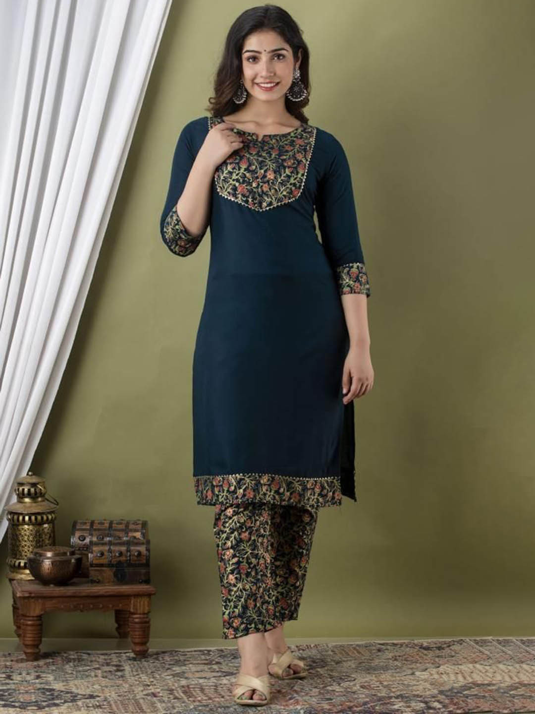 Moda Rapido Women Yoke Design Straight Calf Length Kurti with Pyjamas
