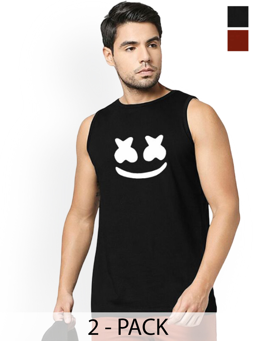 Organic Chics Pack Of 2 Printed Cotton Gym Vests BlackMarshmellow-MaroonKing_S