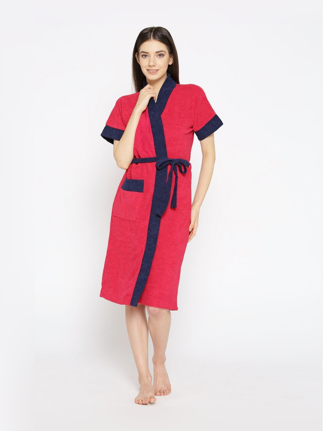 LABNO Pink Solid Cotton Drawstring Knee Length Bath Robe