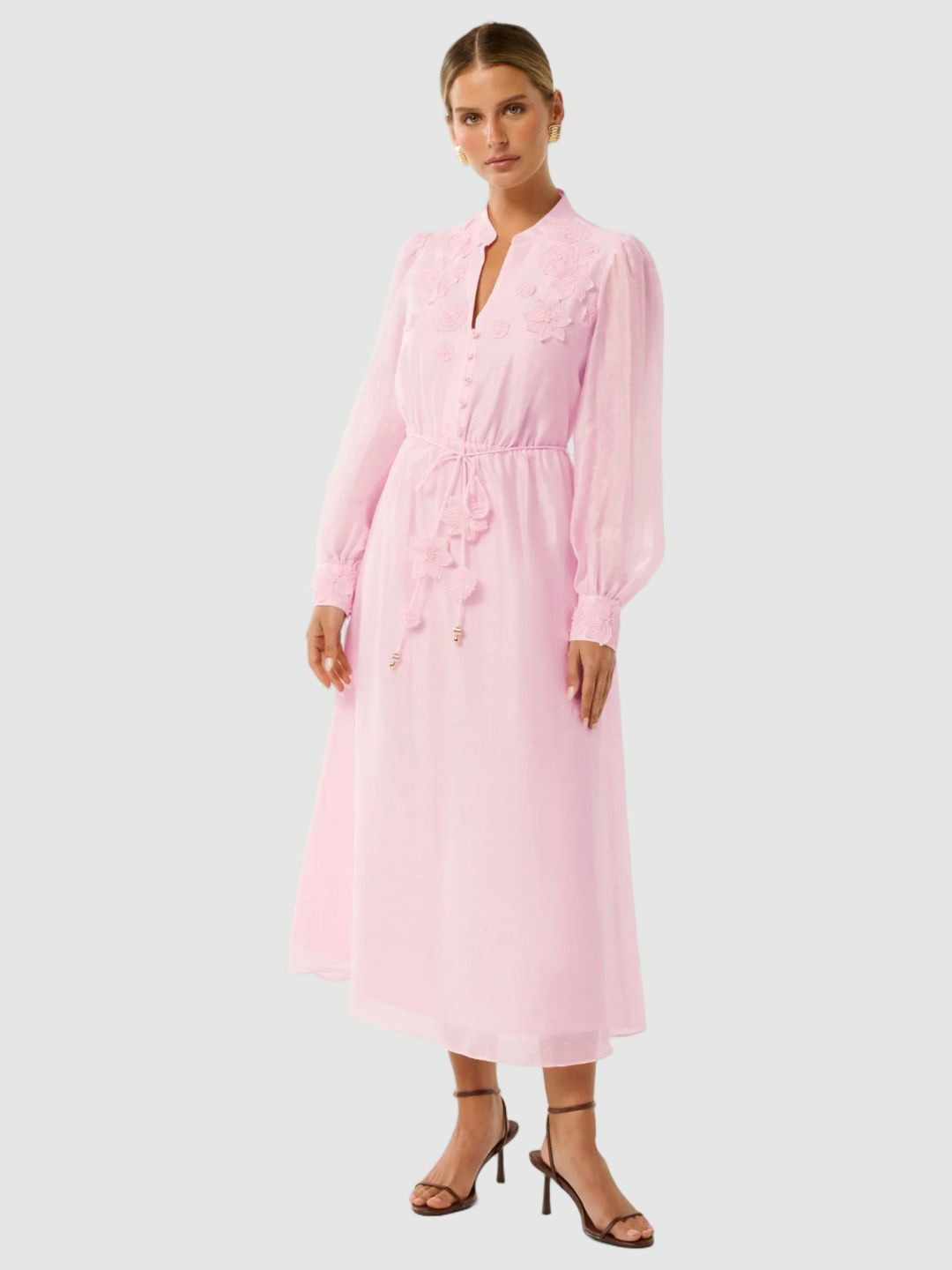Forever New Women Floral Embroidered Bishop Sleeve Applique A-Line Midi Dress