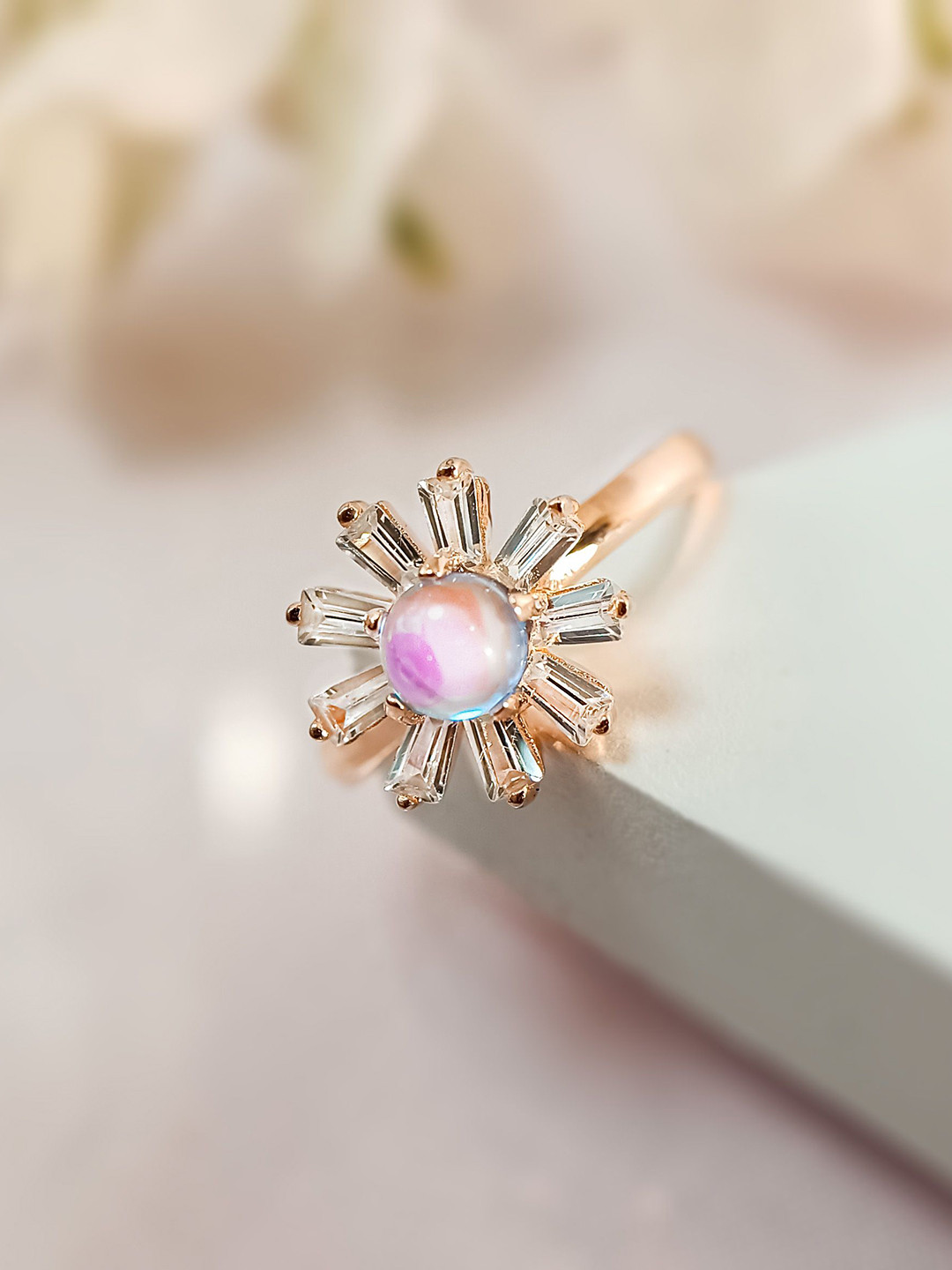 INARI SHINES 925 Silver Rose Gold-Plated CZ Studded Adjustable Sunshine Finger Ring
