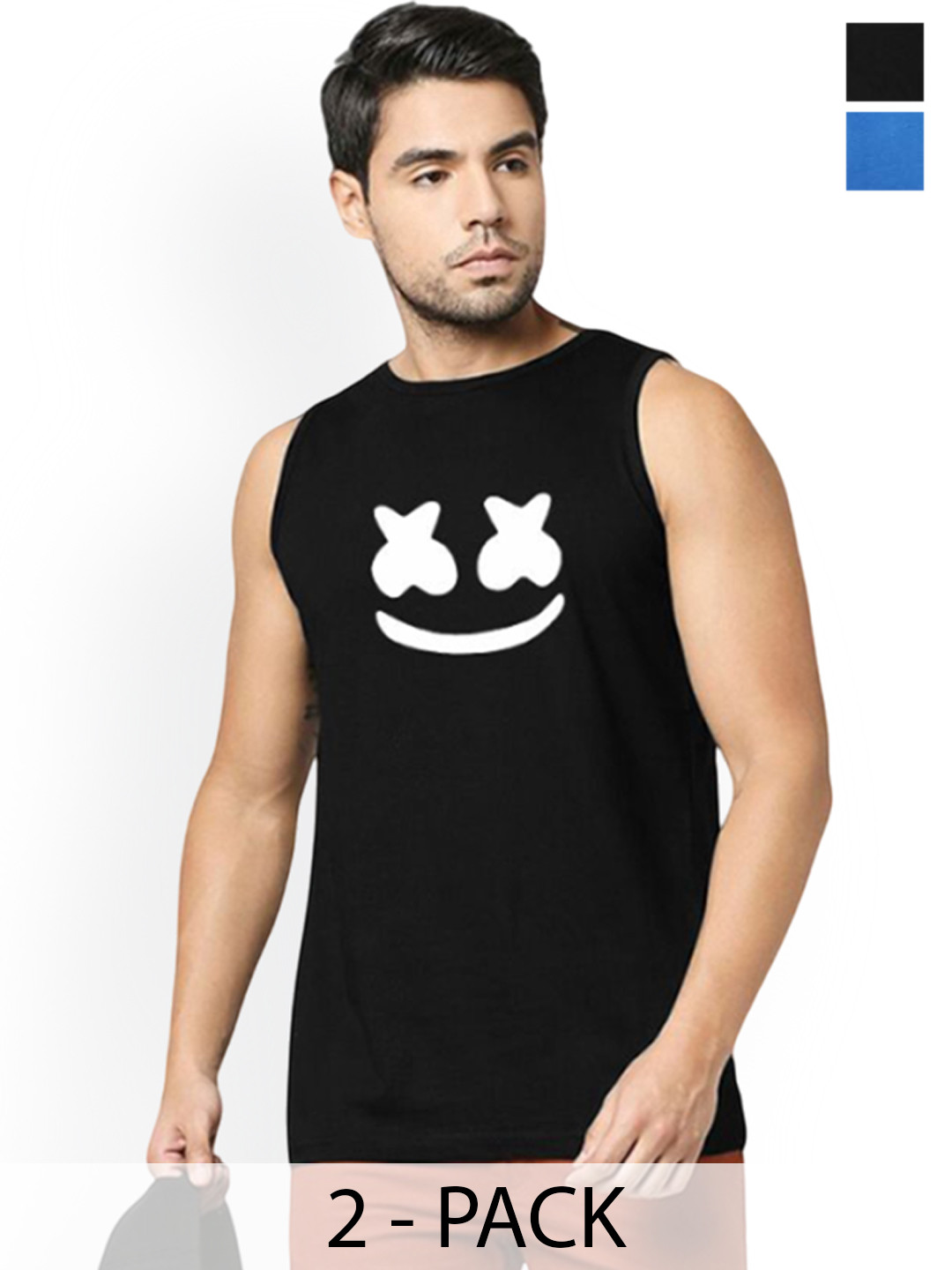 Organic Chics Pack Of 2 Printed Cotton Tank Vests BlackMarshmellow-RoyalKing_S