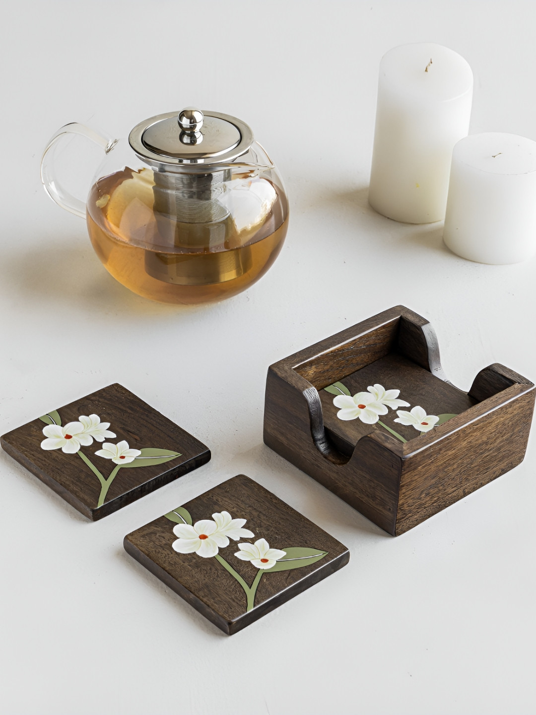 Aurum Crafts Bella 4-Pcs Brown & White Printed Wooden Square Coasters With Stand