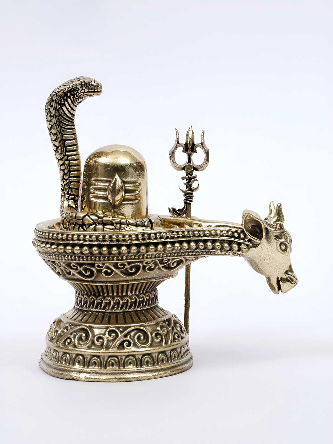 Exotic India Nandi Mukh Shivalinga with Protecting Naag and Trishul Gold Brass Metallic Prayer Room Medium Showpiece - 4 Inches