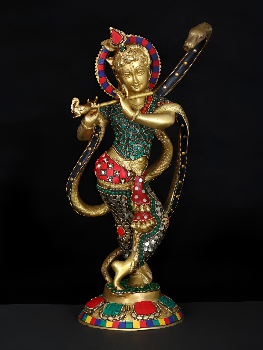 Exotic India Shri Krishna and Kaliya Green Brass Metallic Prayer Room Medium Showpiece - 15.5 Inches