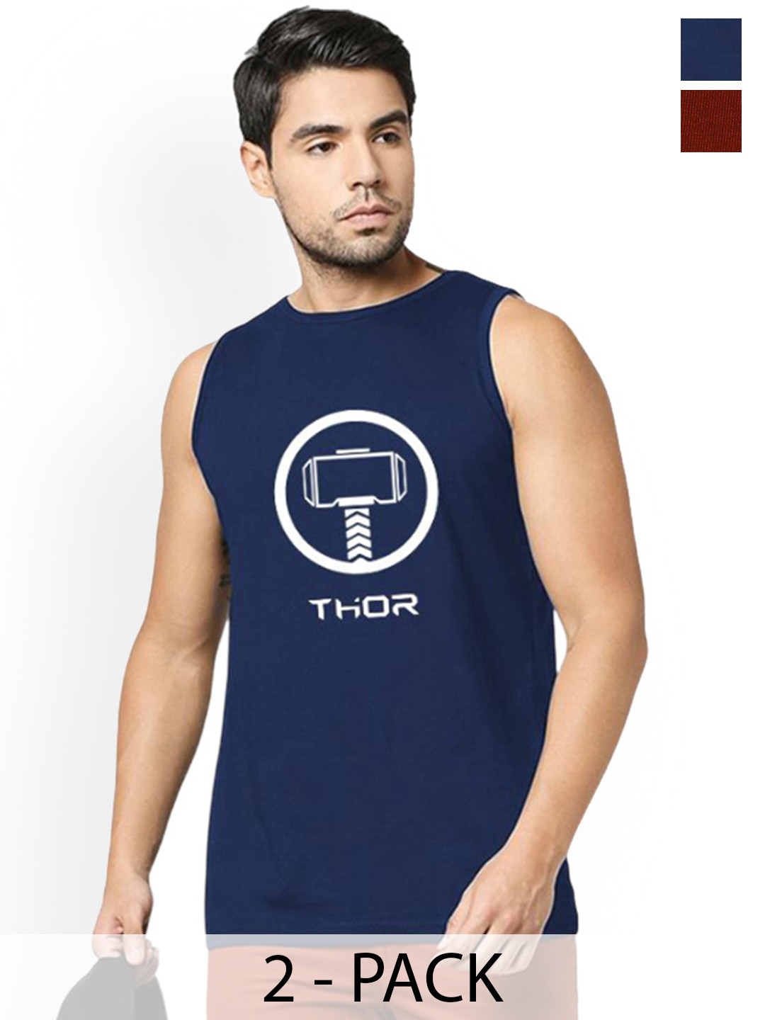 Organic Chics Pack Of 2 Printed Cotton Tank Vests Maroon Captain - Navy Thor_S
