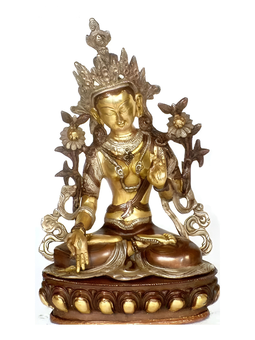 Exotic India Tibetan Buddhist Deity Gold Brass Metallic Living Room Hand Made Medium Showpiece - 12.5 Inches