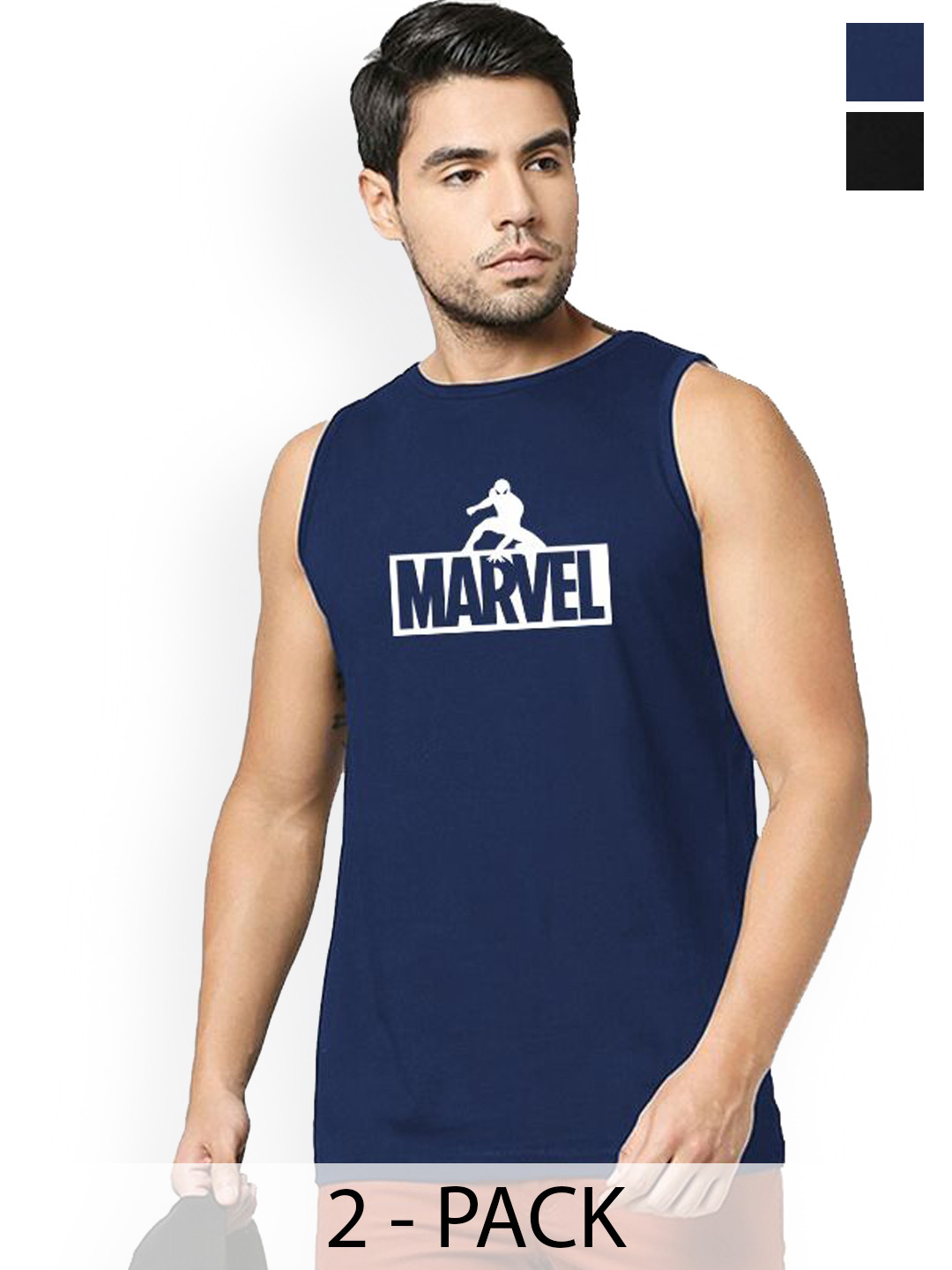 Organic Chics Pack Of 2 Printed Cotton Tank Vests Black Avenger - Navy Spider_S