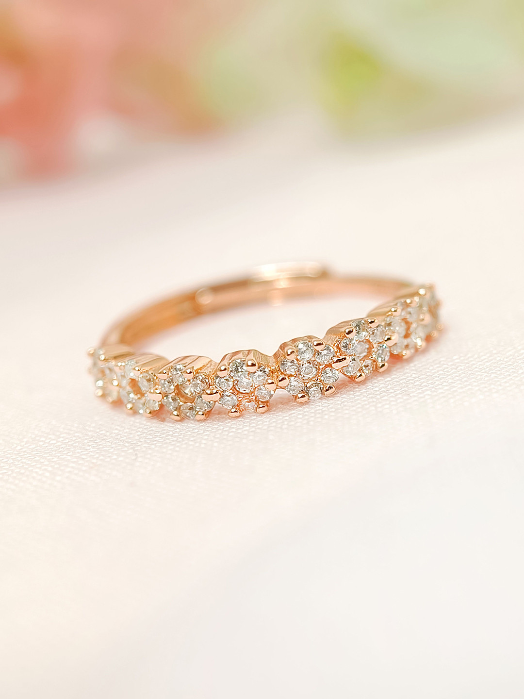 INARI SHINES 925 Silver Rose Gold-Plated CZ Studded Adjustable Cluster Floral Finger Ring