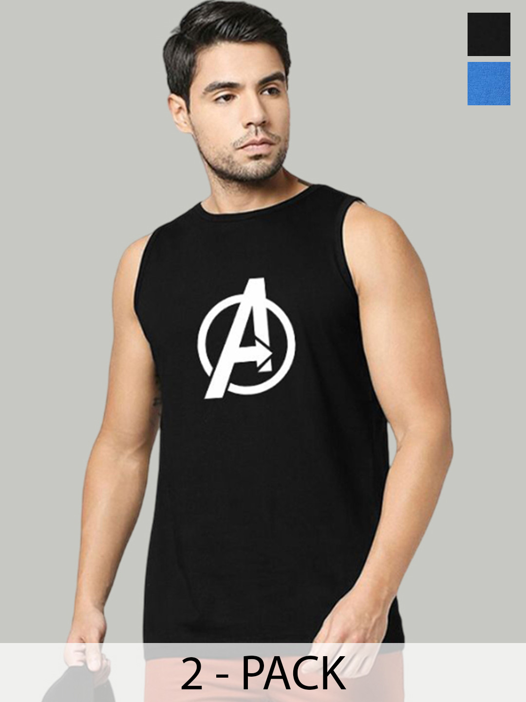 Organic Chics Pack Of 2 Printed Cotton Tank Vests Black Avenger - Royal Ironman_S