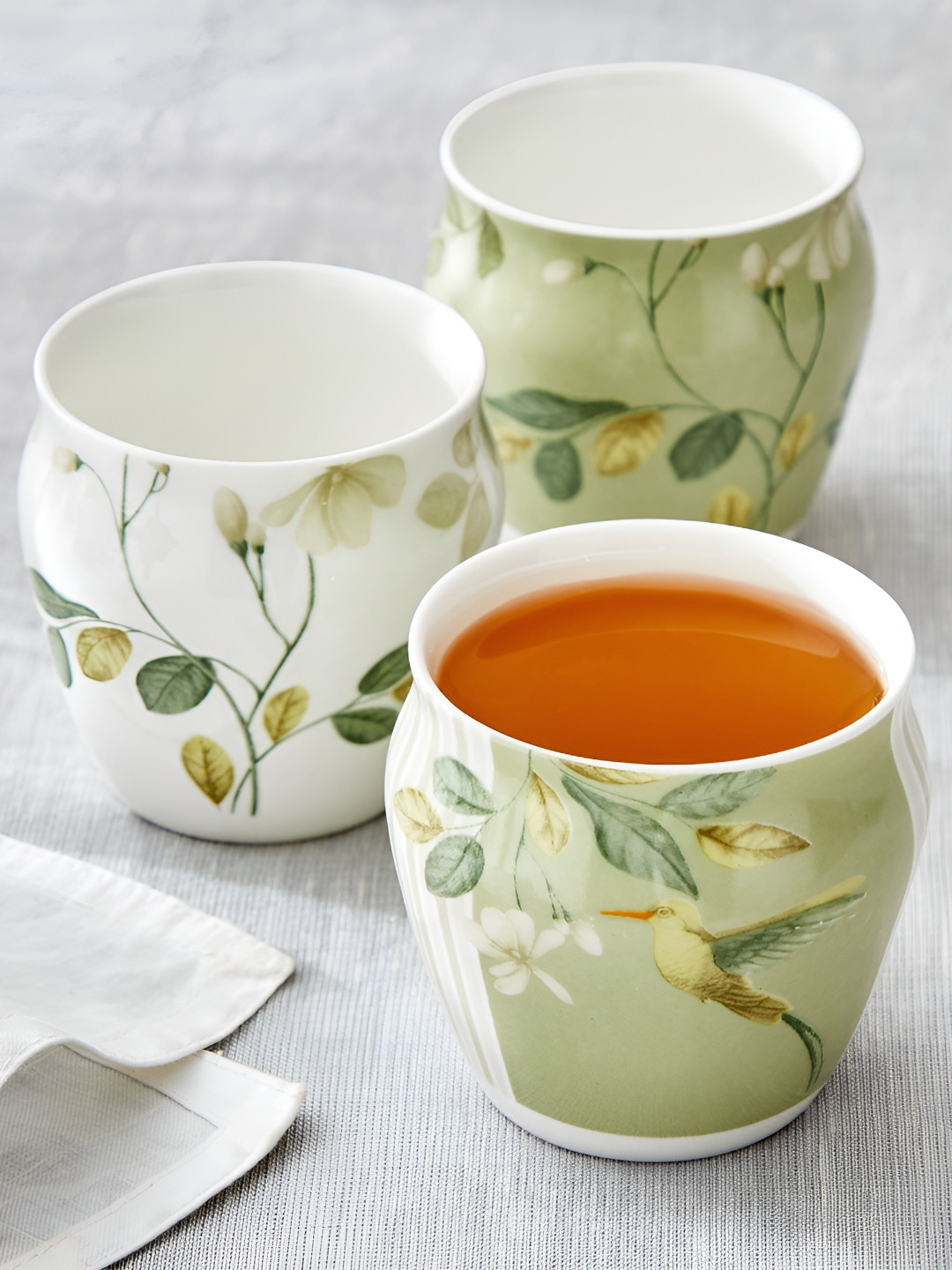 Home Centre mandarin botanica White & Green 3 Pieces Printed Porcelain Glossy Kulladhs