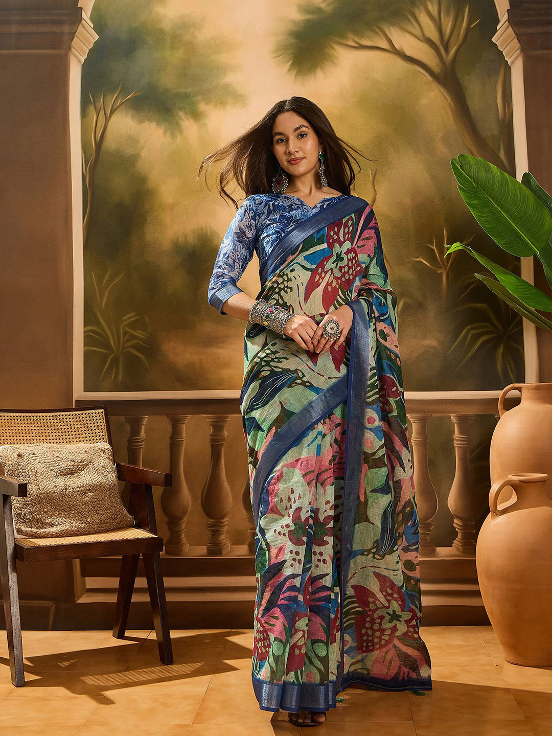 Sangria Digital Printed Banarasi Saree With Blouse Piece