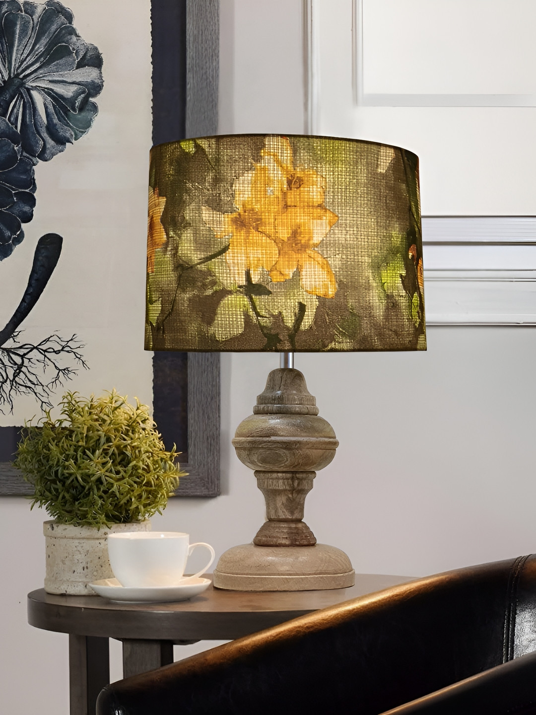 Decorcity Grey & Yellow Printed Wooden Traditional Spherical Table Lamp With Bulb