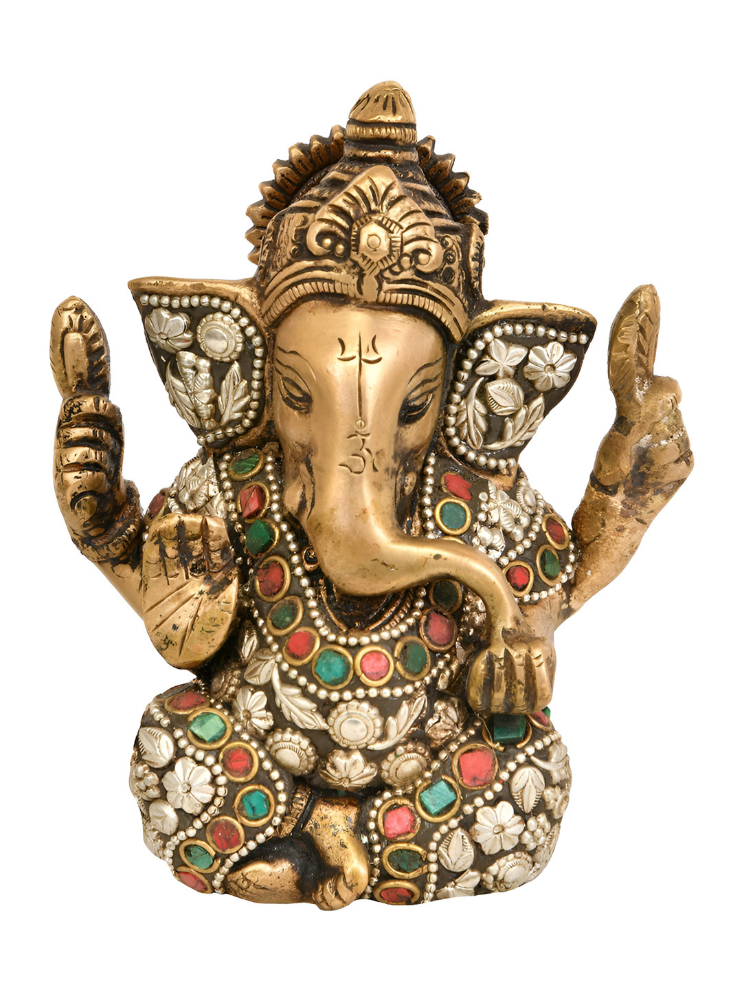 Exotic India Lord Ganesha in Ashirwad Mudra Gold Brass Metallic Prayer Room Hand Made Medium Showpiece - 4.6 Inches
