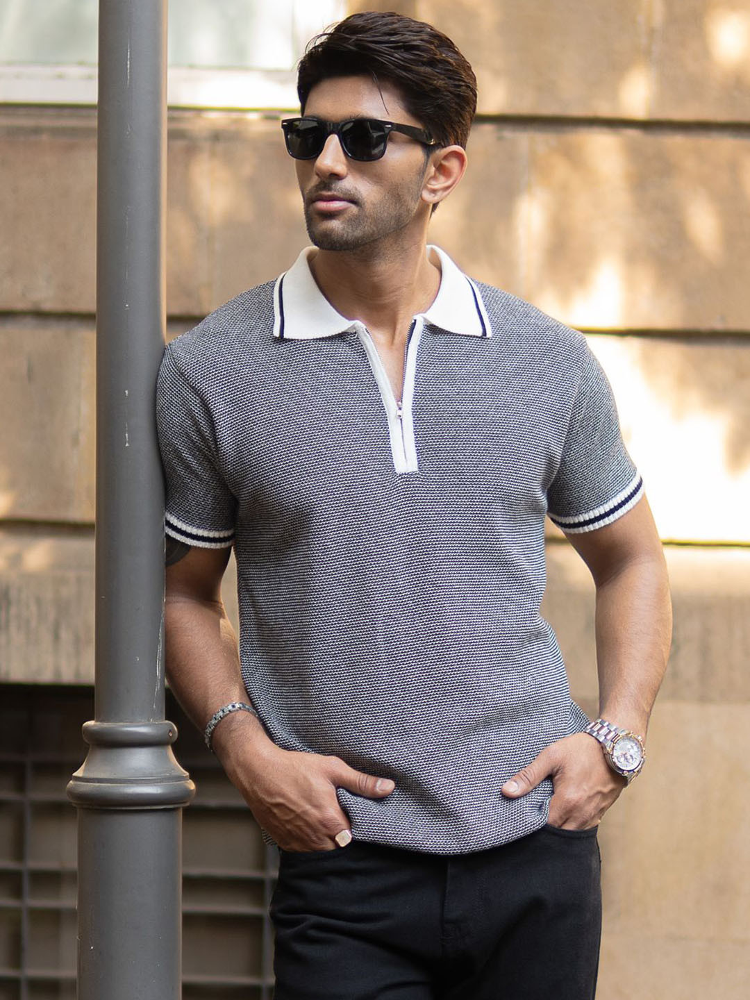 Powerlook Men Black Knitted Zipper Polo Collar Regular Fit T-shirt