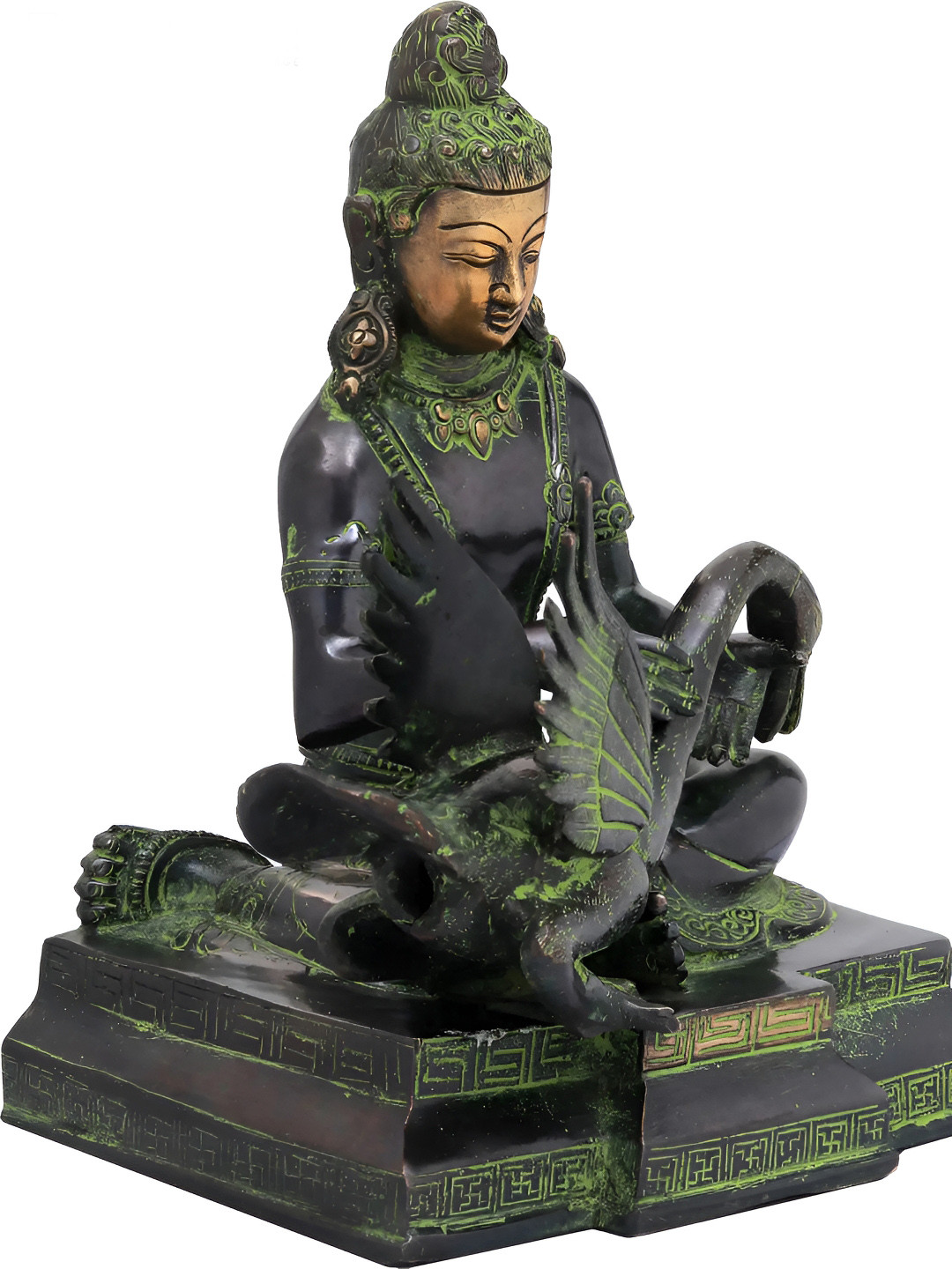 Exotic India Lord Buddha with Swan Green Brass Metallic Prayer Room Hand Made Medium Showpiece - 9.5 Inches