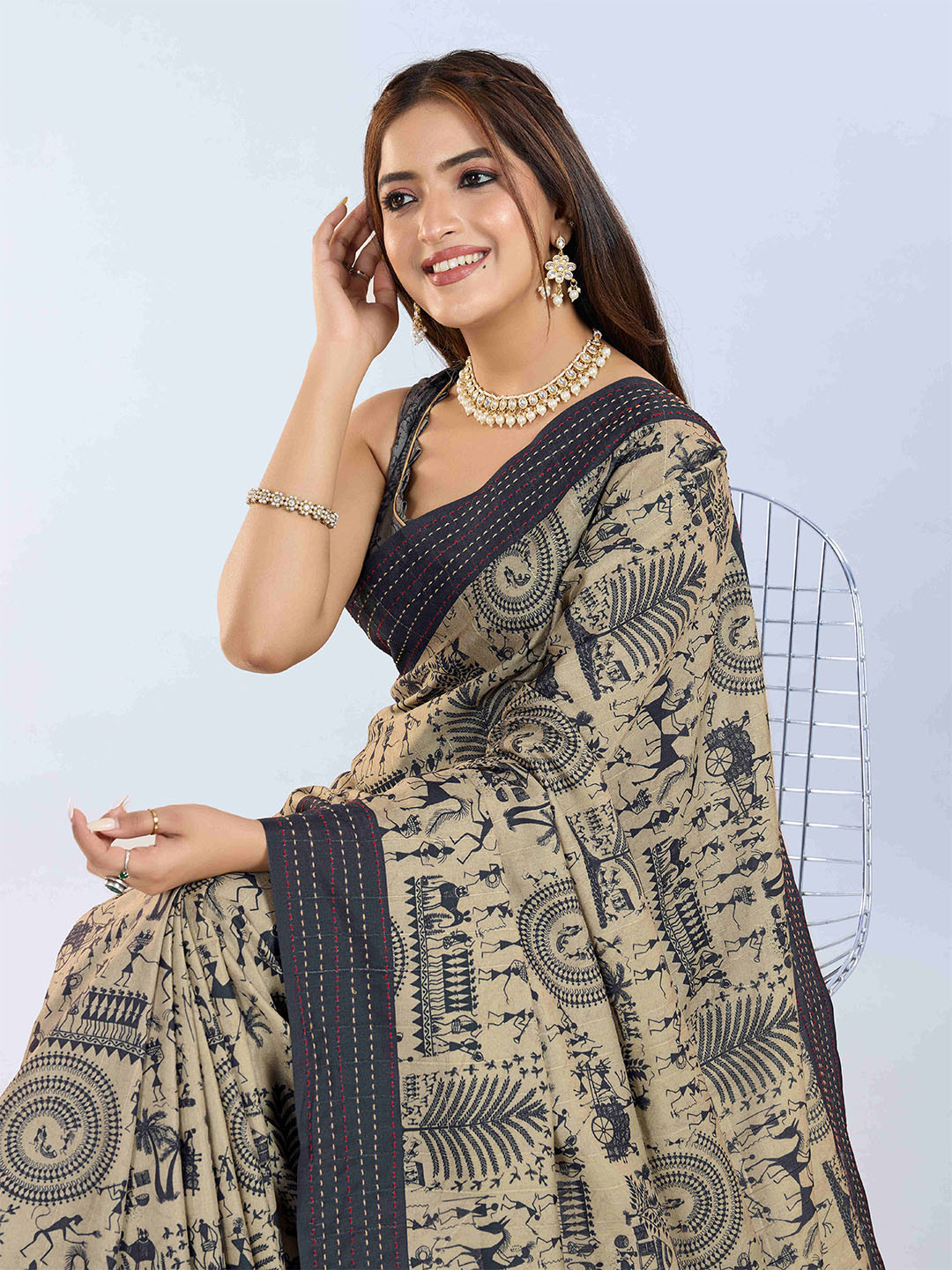PBS PRINTS Kantha Work Tussar Saree With Unstitched Blouse Piece