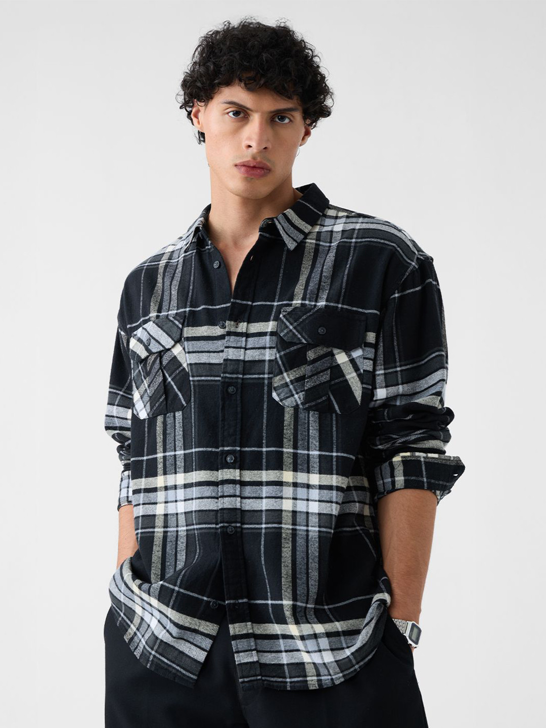 The Souled Store Men Tartan Checked Spread Collar Cotton Utility Shirt