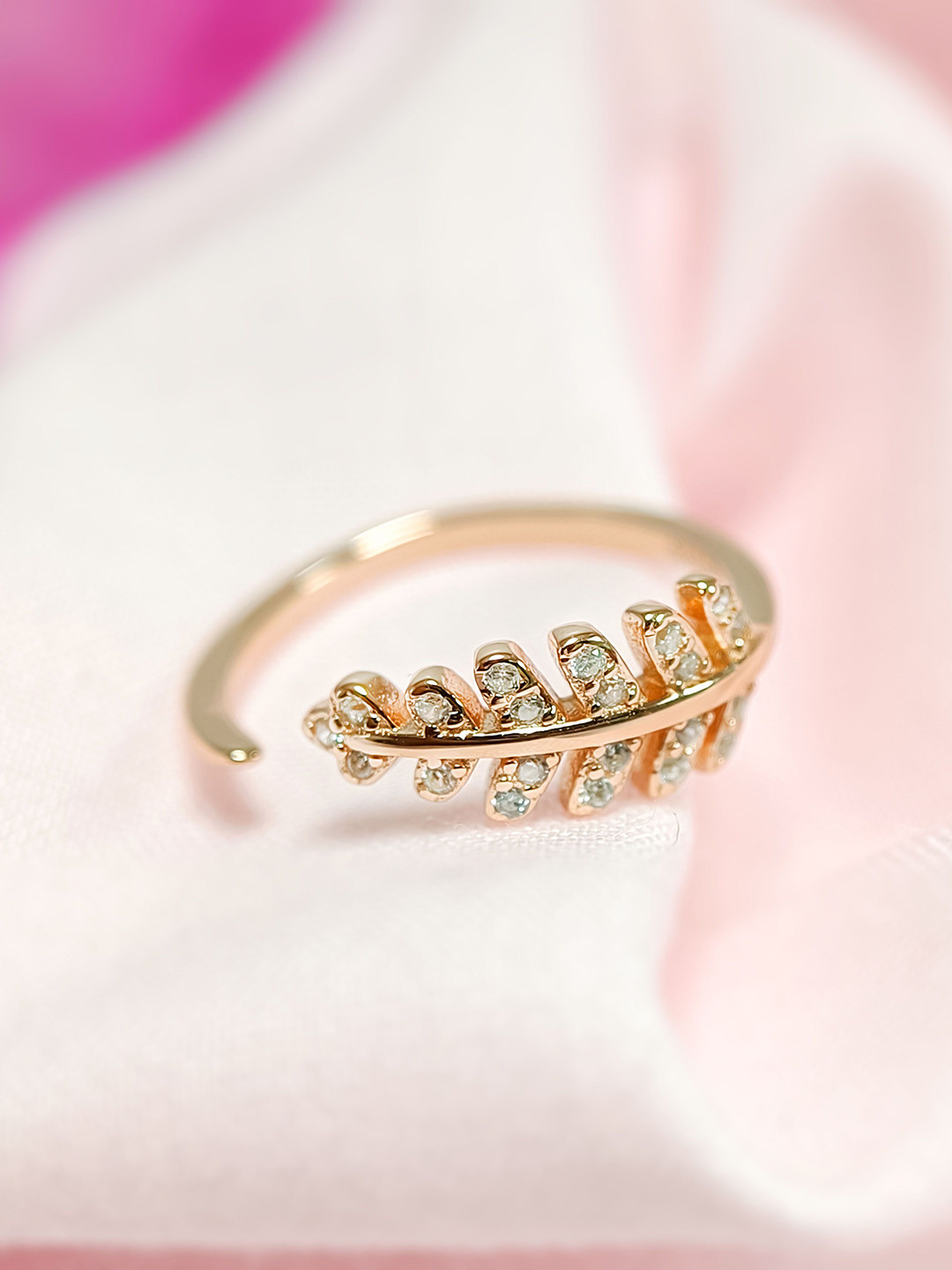 INARI SHINES 925 Silver Rose Gold-Plated CZ Studded Adjustable Olive Leaf Finger Ring