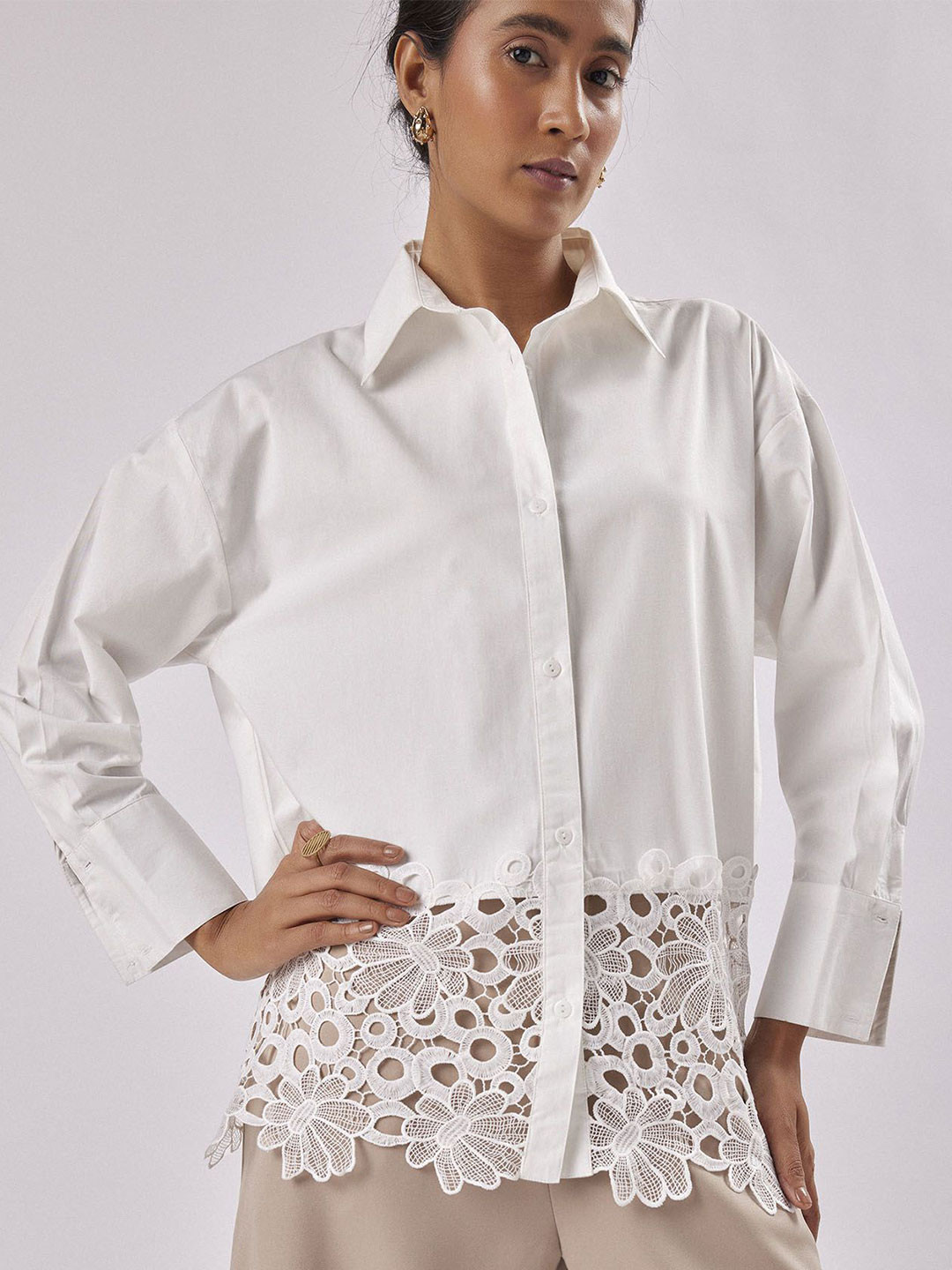 The Label Life Women Modern Oversized Fit Solid Spread Collar Cotton Casual Shirt