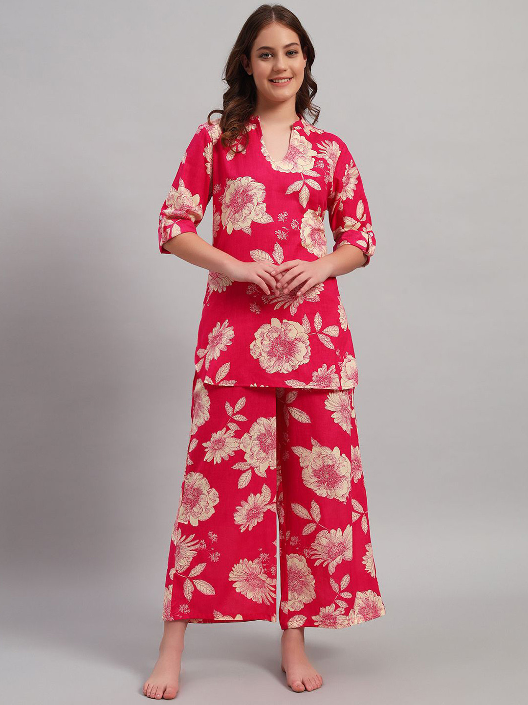 SEPHANI Floral Printed Mandarin Collar Pure Cotton Kurti With Trousers