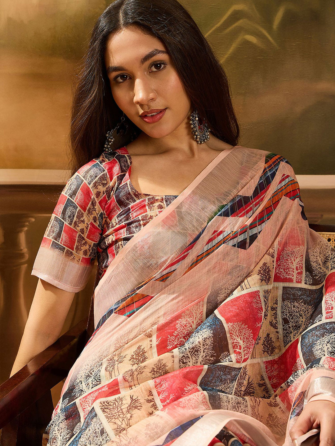 Sangria Floral Printed Banarasi Linen Cotton Saree With Blouse Piece