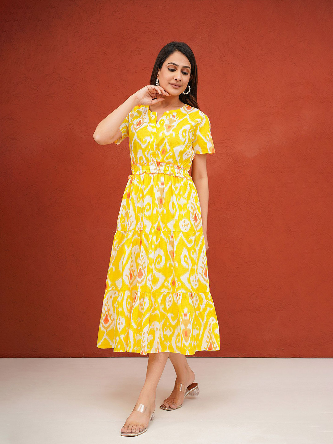 Label Ceres Ikat Printed Cotton Fit & Flare Midi Dress
