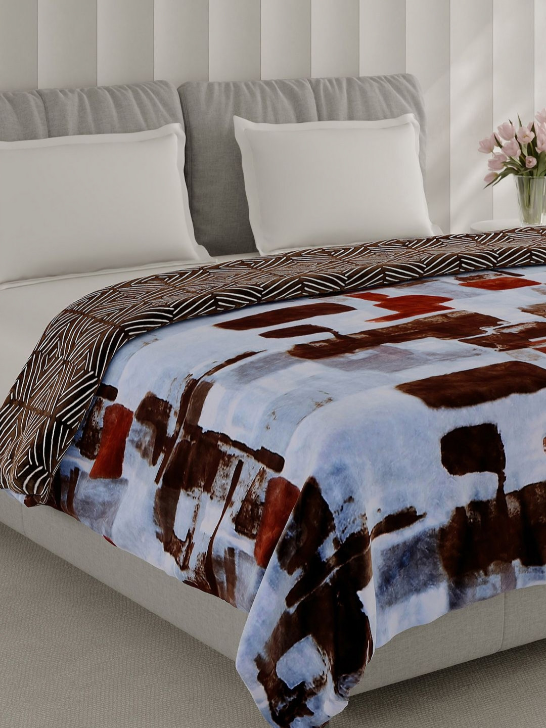 Monte Carlo Brown & Black Abstract Printed AC Room 350 GSM Double Bed Blanket