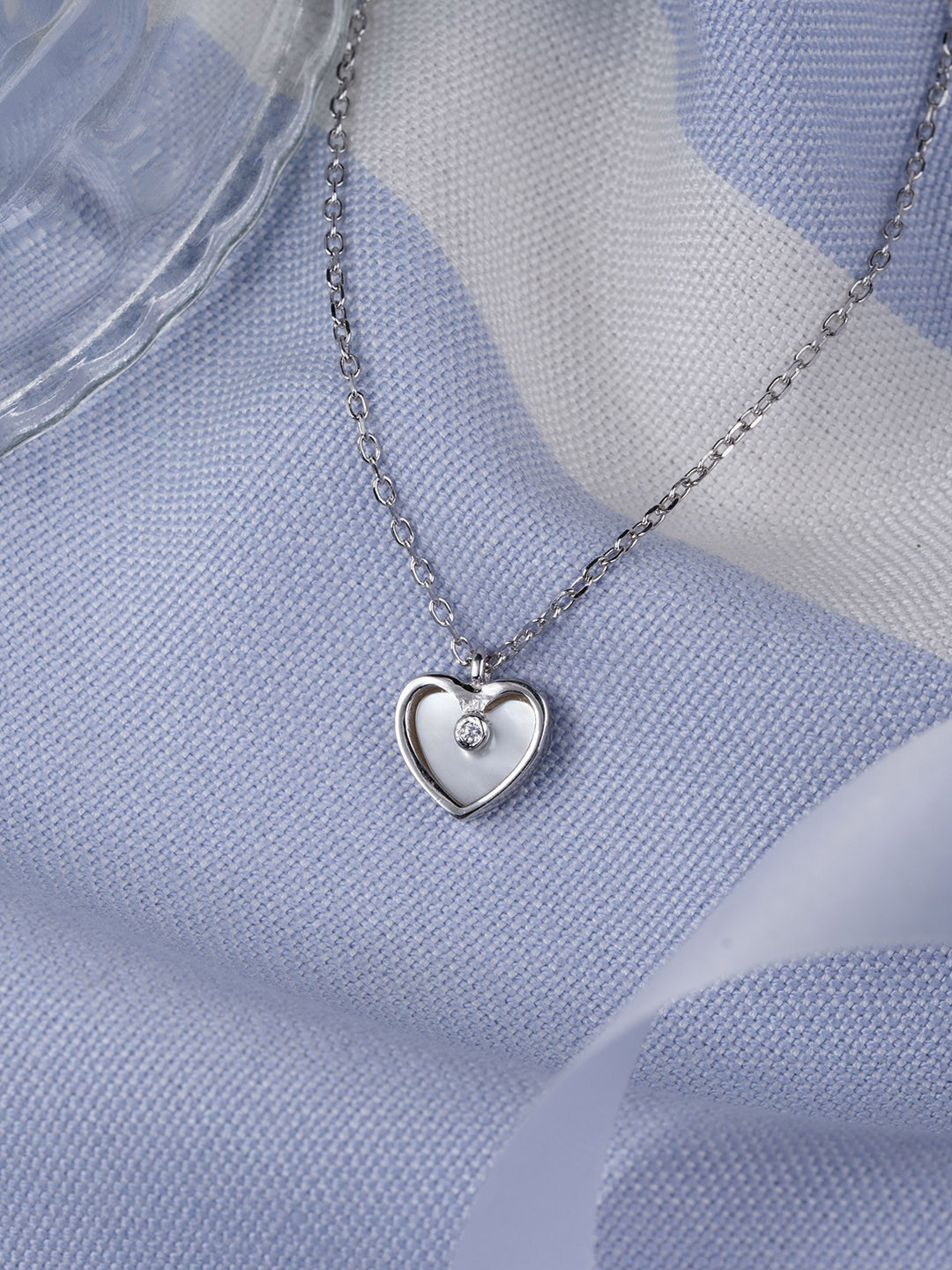 GLYTERS Sterling Silver Artificial Stones Studded Pure Sentiment Heart Shaped Pendant