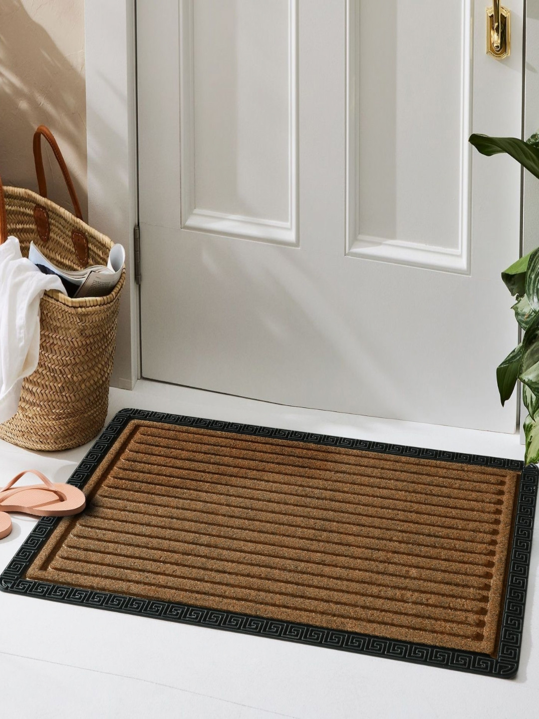 Galaxy Home Decor Beige & Black Striped Rectangular Waterproof Non-Slip Doormat