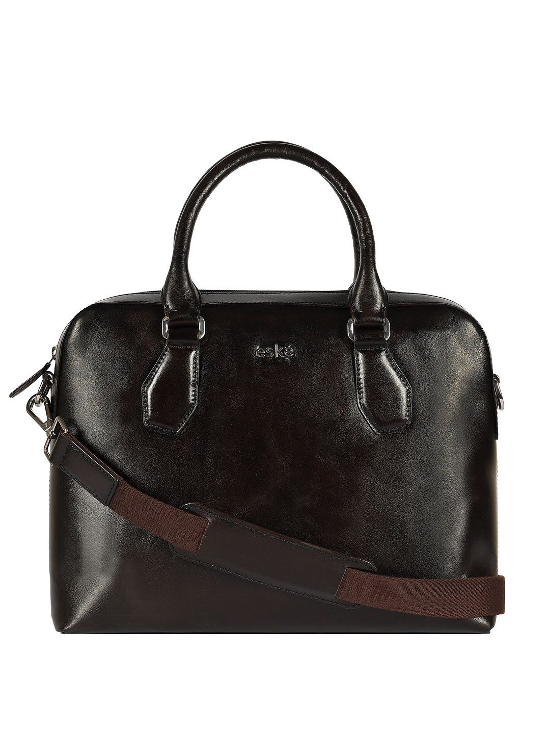 Eske Men Brown Textured Structured Design Organizers 15 inch Leather Laptop Briefcase