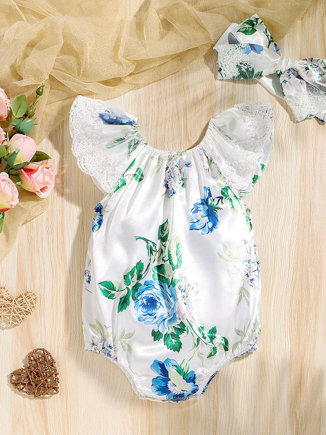 YK Infant Girls Printed Cotton Round Neck Bodysuit with Hairband