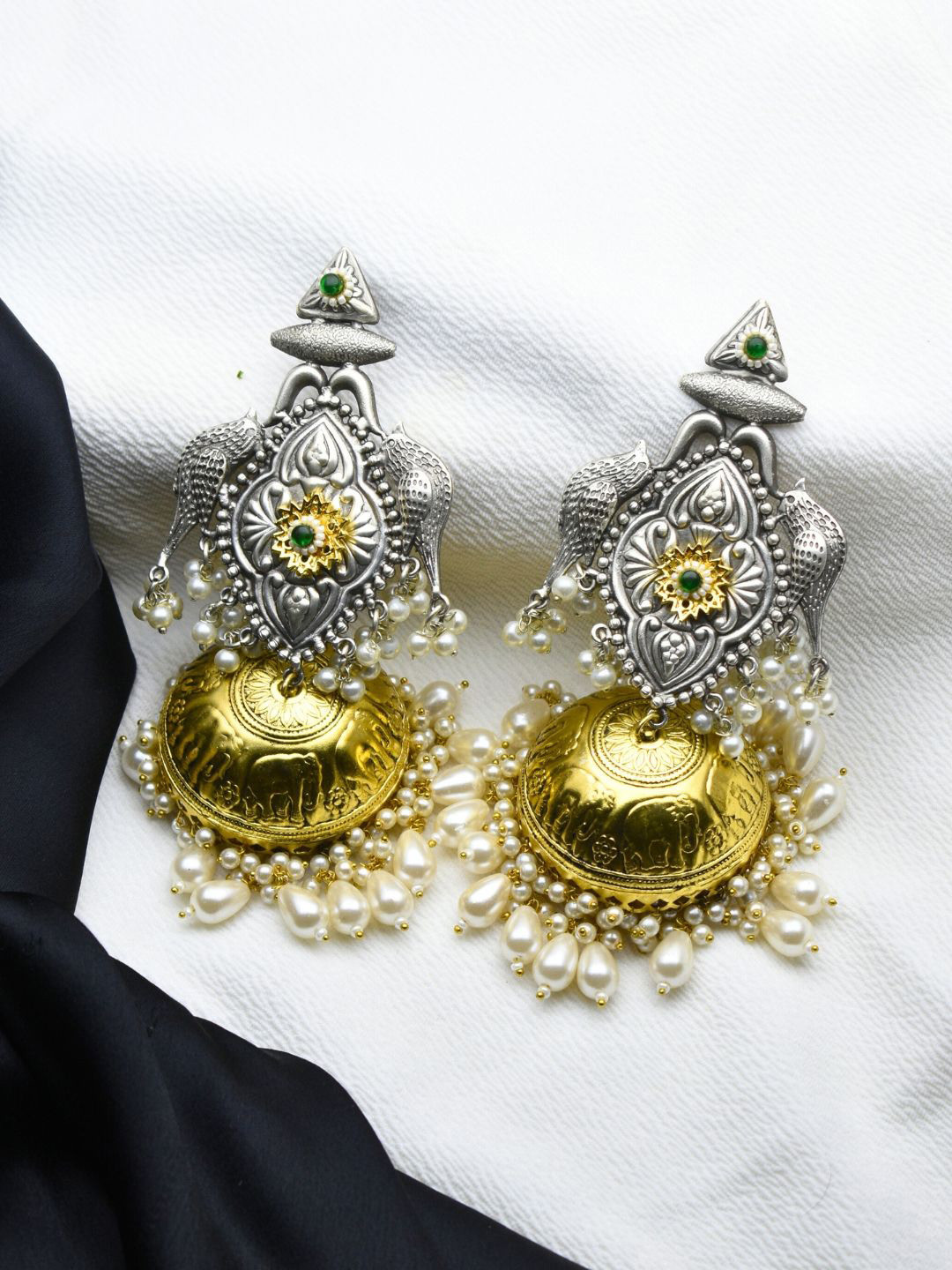 J & C Fashion Arena  Silver-Plated Stones Studded & Pearls Beaded Dome Shaped Jhumkas