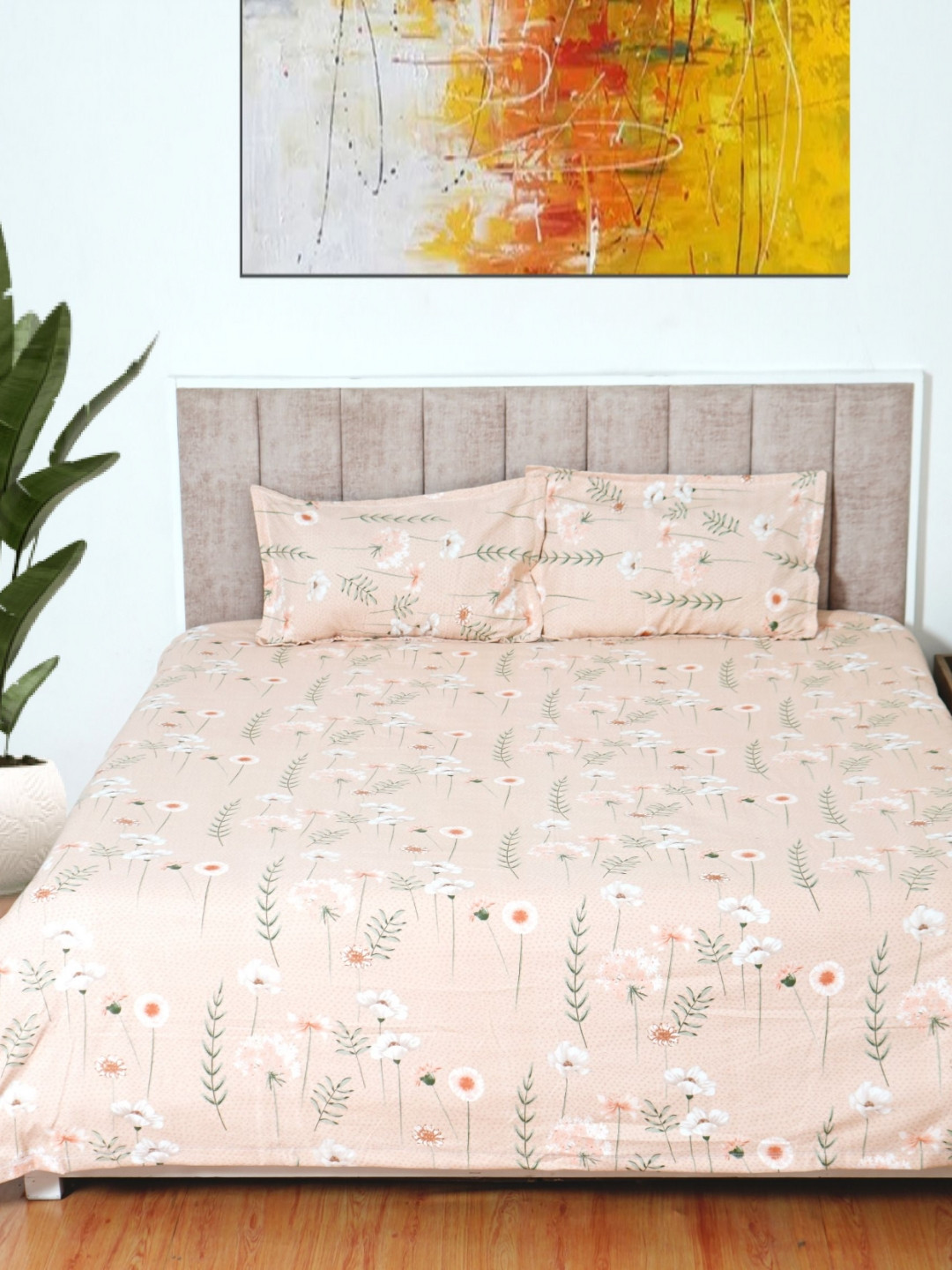 Glaxomas Glaxomas Premium Peach Floral Cotton 250 TC King Fine Bedsheet with 2 Pillow Covers-108 x 108 inches
